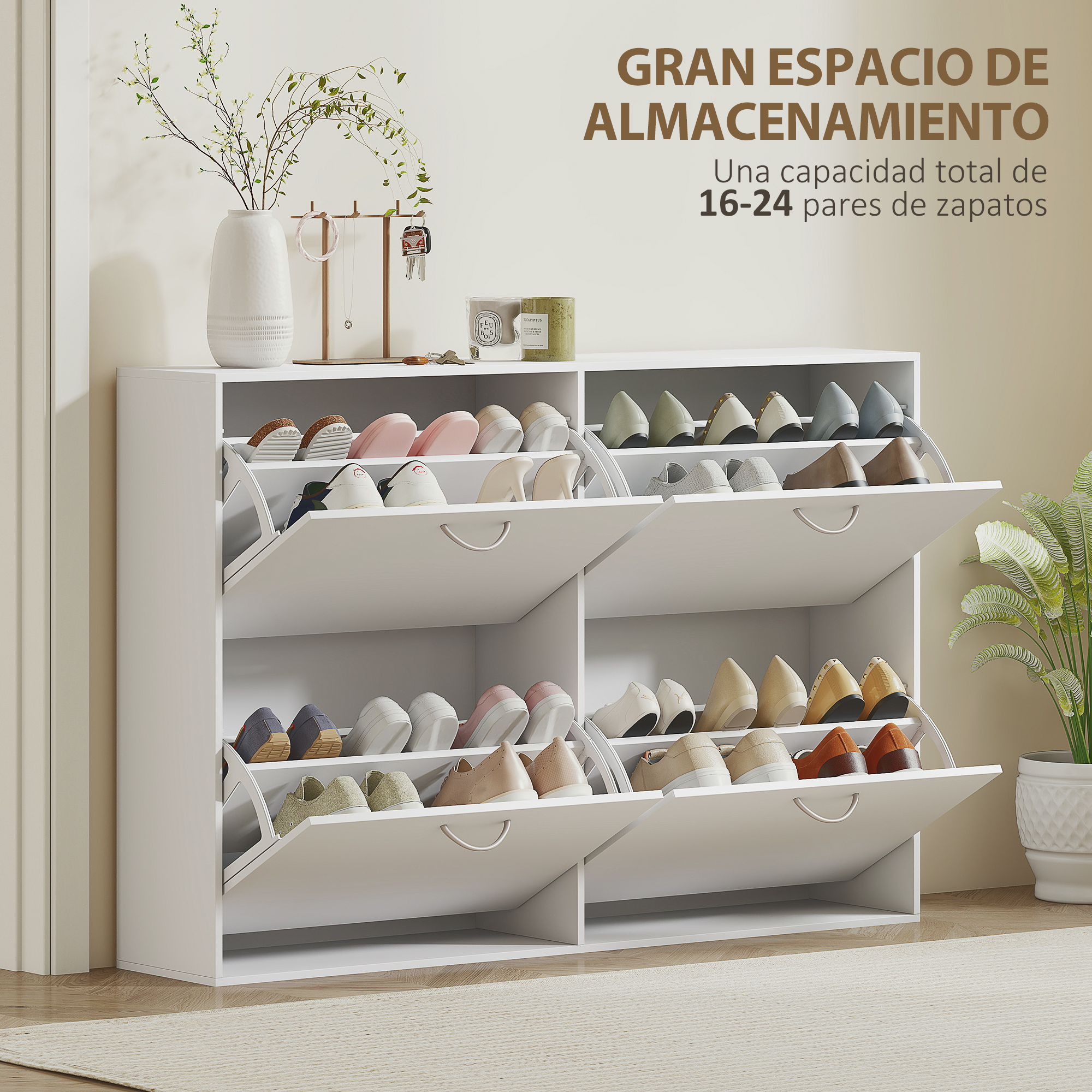 Un zapatero blanco con múltiples compartimentos llenos de varios zapatos.