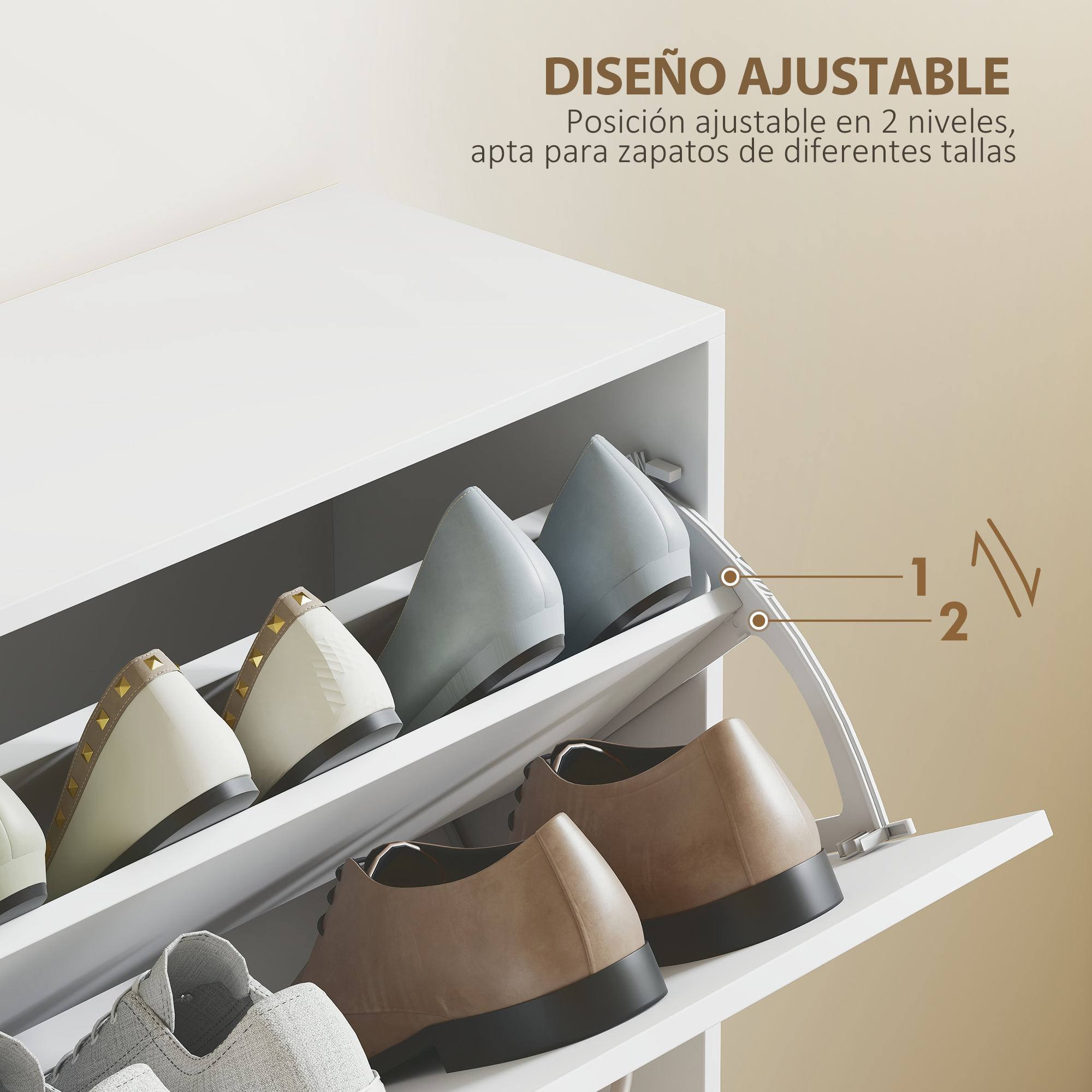 Zapatero blanco con estantes ajustables que guardan varios zapatos.