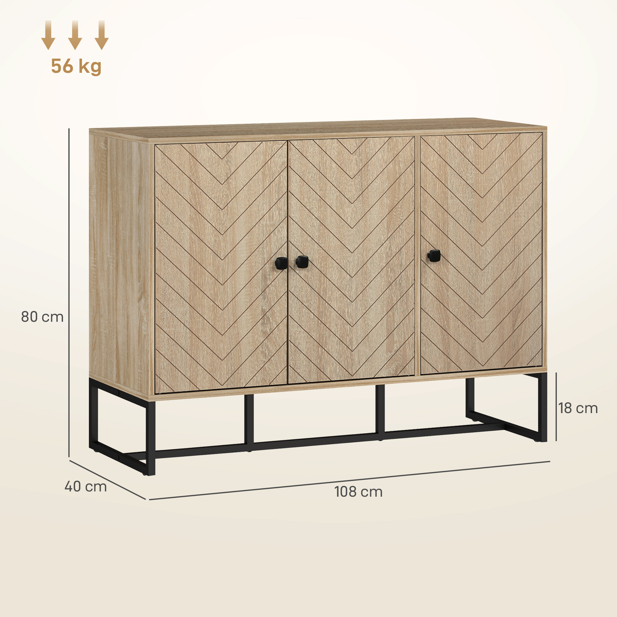 Un mueble marrón claro con tres puertas y base de metal negro. Se muestran dimensiones.