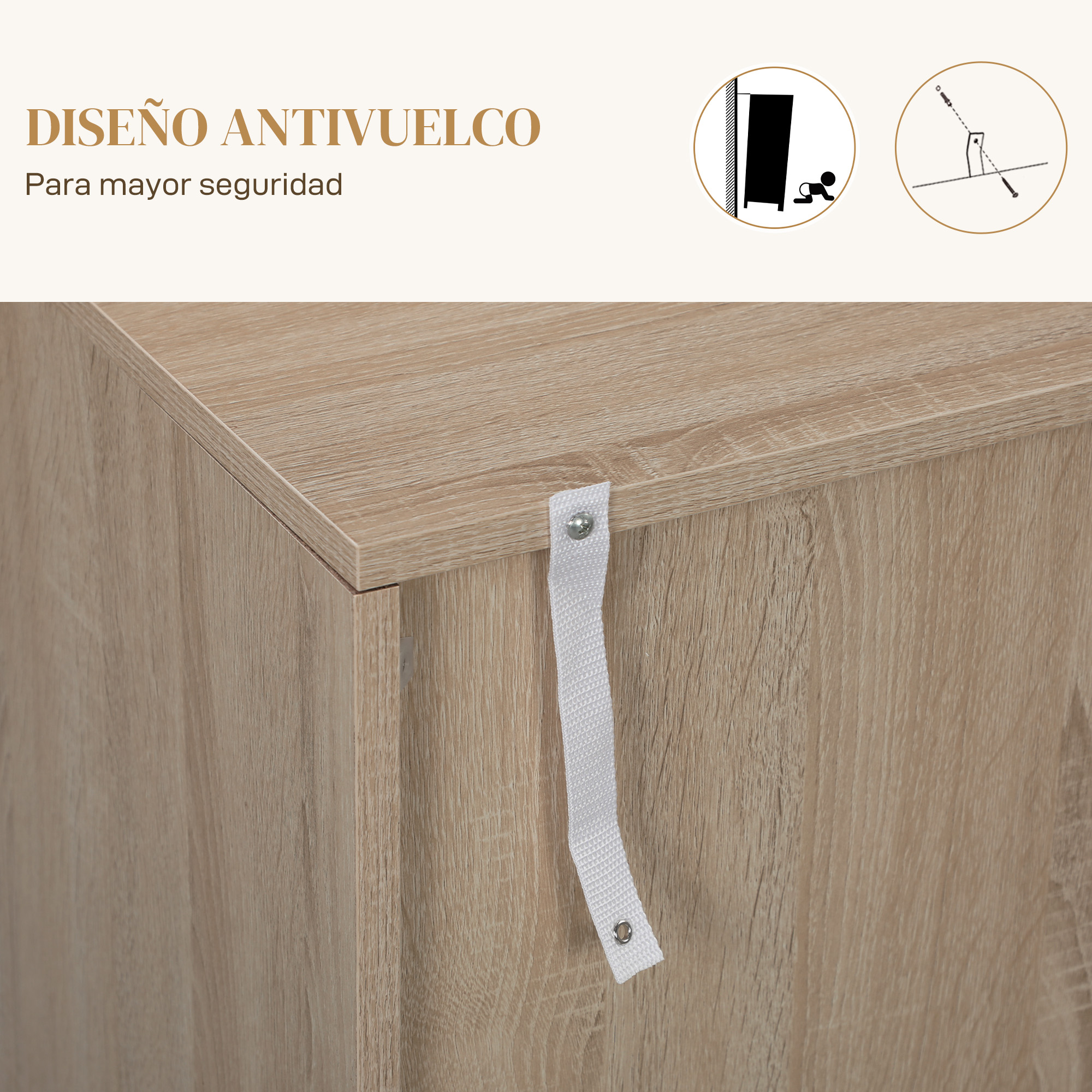 Mueble de madera con correa de seguridad para evitar vuelcos.