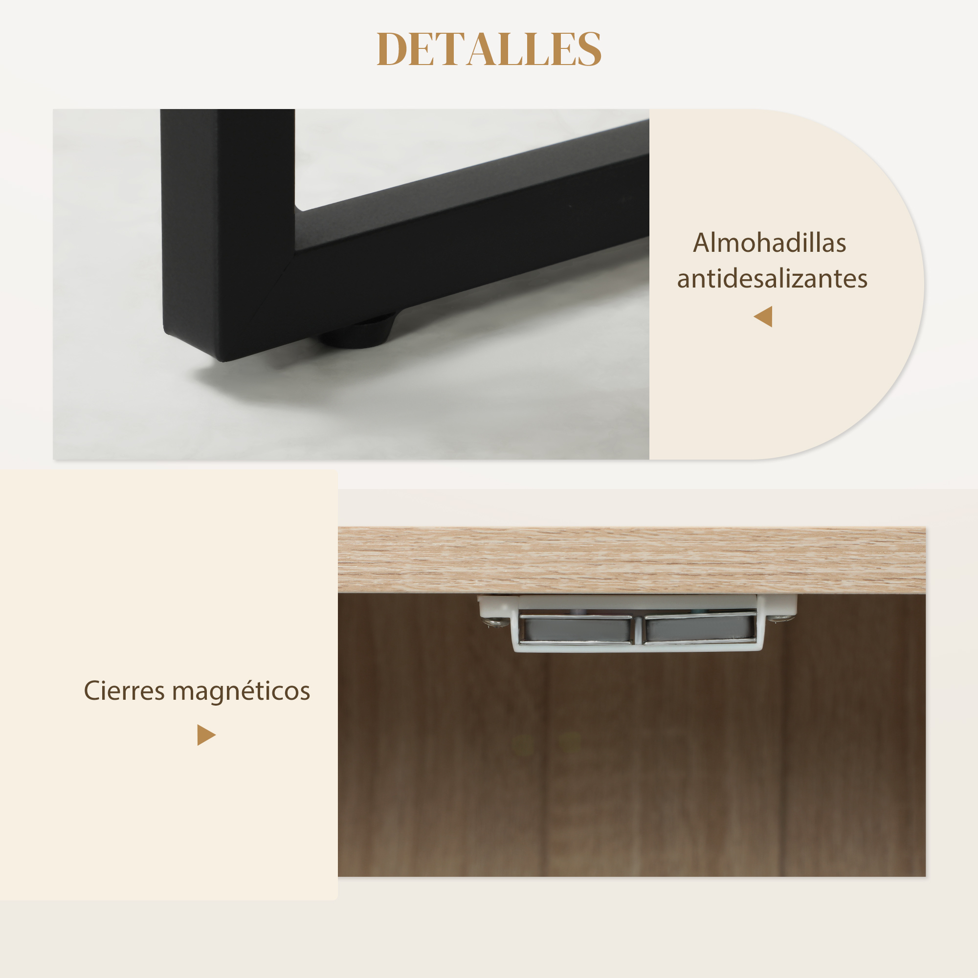 Primer plano de pata de mueble metálica negra con almohadillas antideslizantes y cierres.