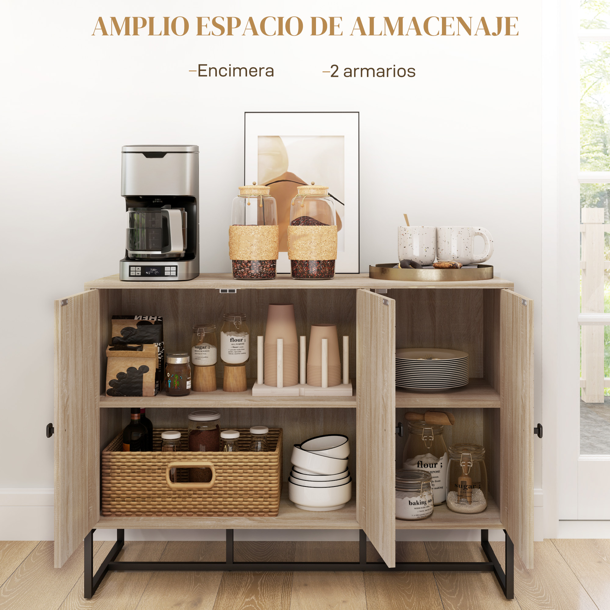 Armario de madera con cafetera, frascos, tazas y platos. Puertas abiertas.