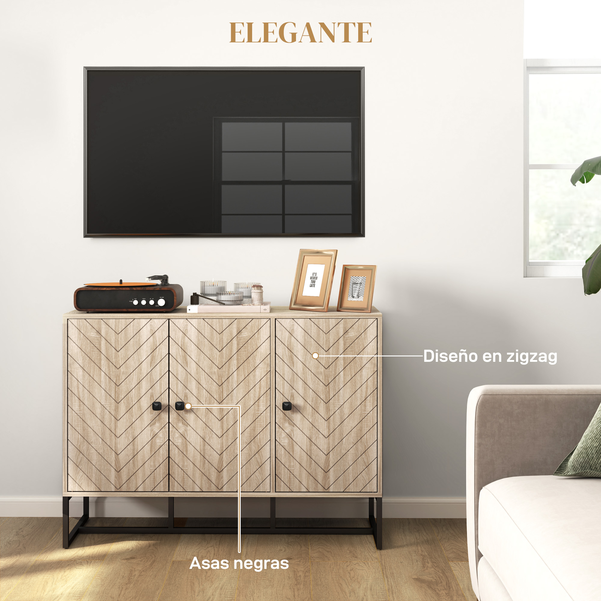 Un mueble de madera con patrón de zigzag, tiradores negros y tocadiscos.