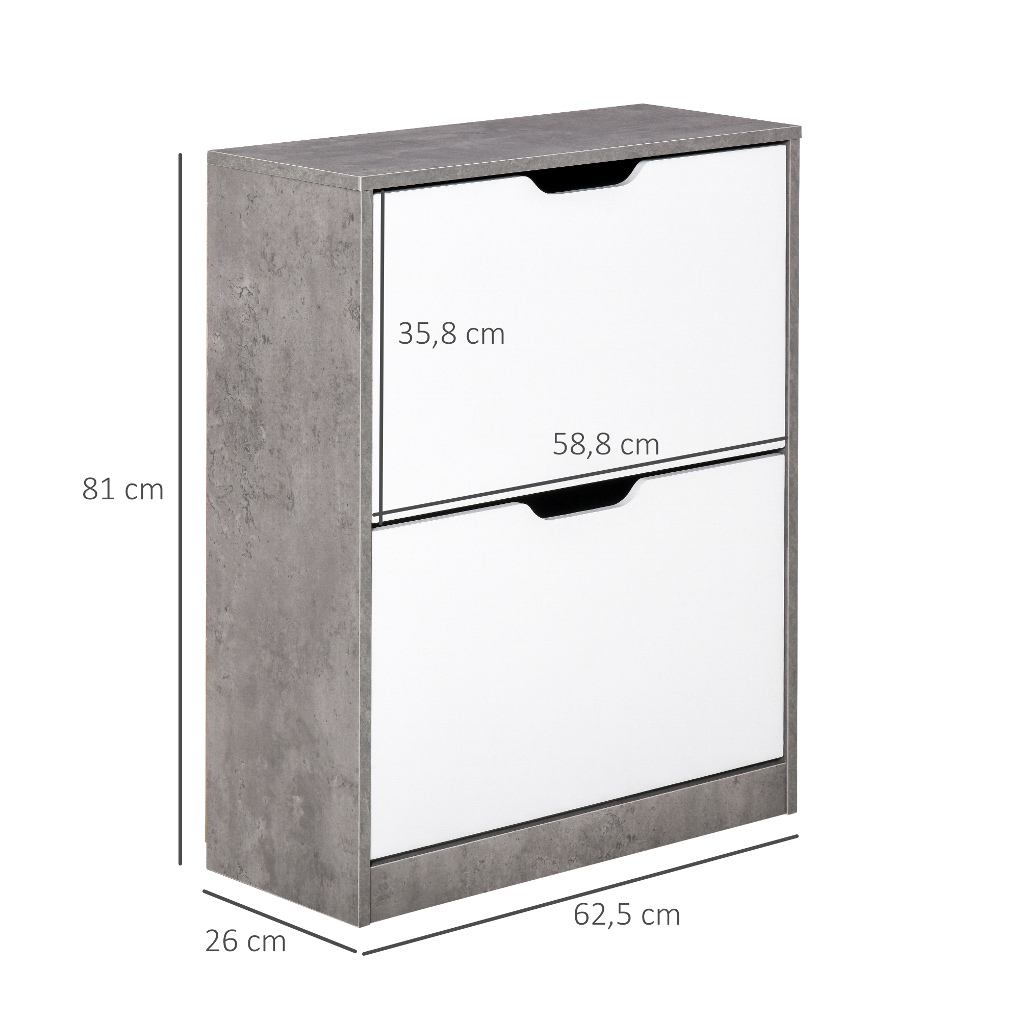 Un mueble para zapatos gris con dos puertas abatibles blancas y dimensiones.
