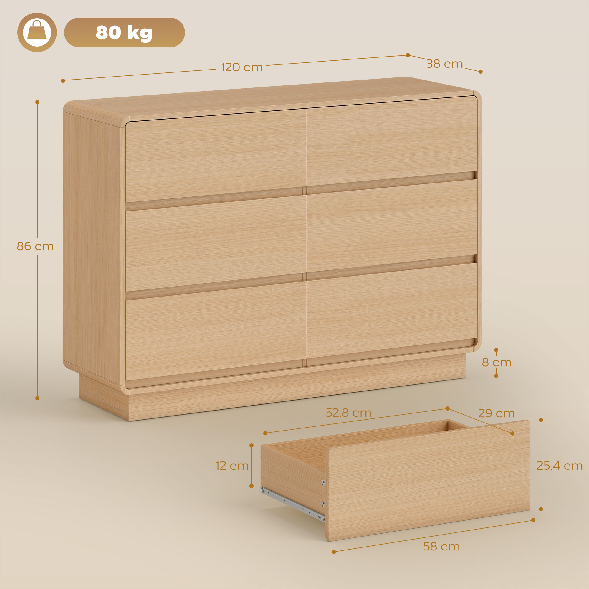 Una cómoda de madera con seis cajones y un cajón separado al lado.