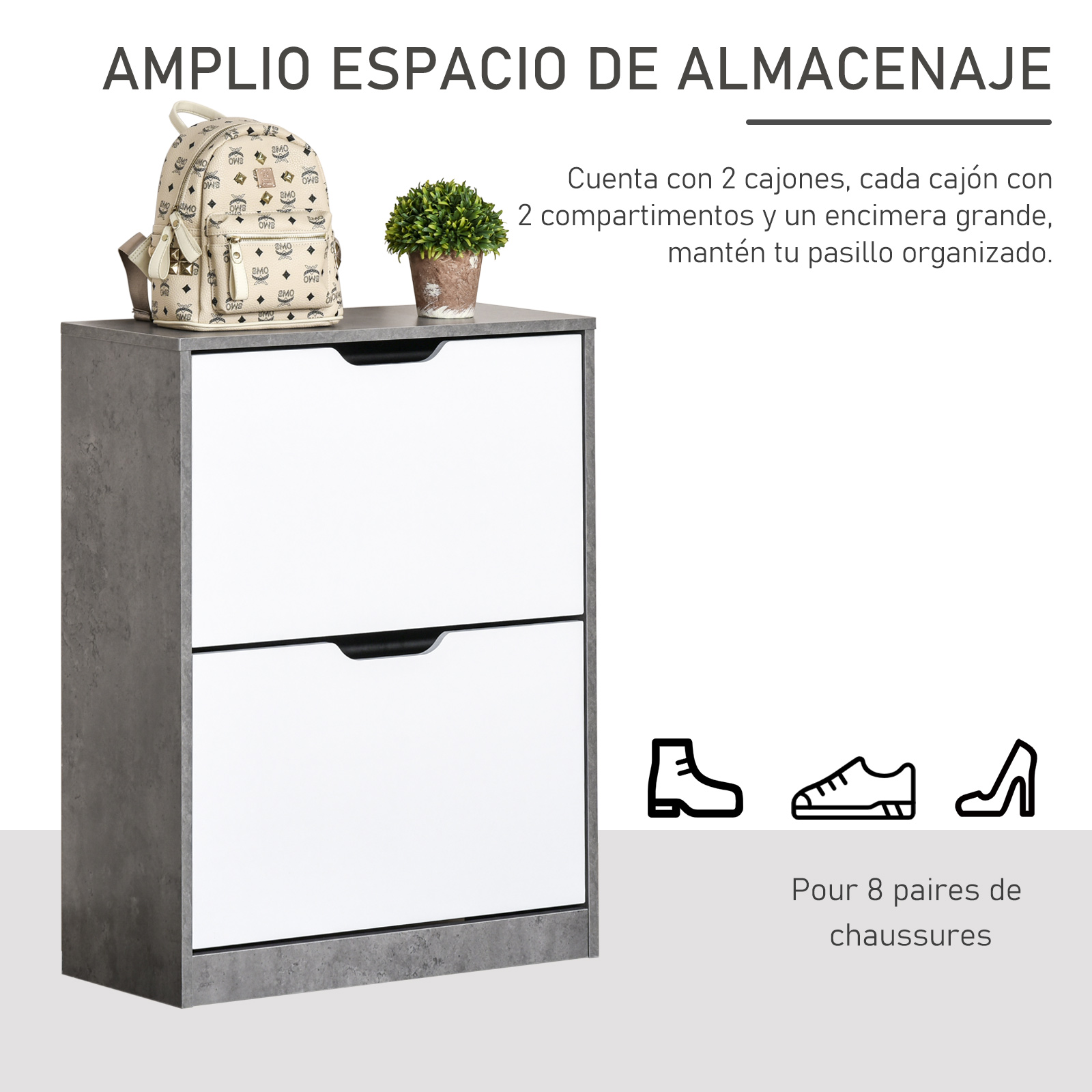 Zapatero con dos cajones blancos, acabado gris y mochila decorativa encima.