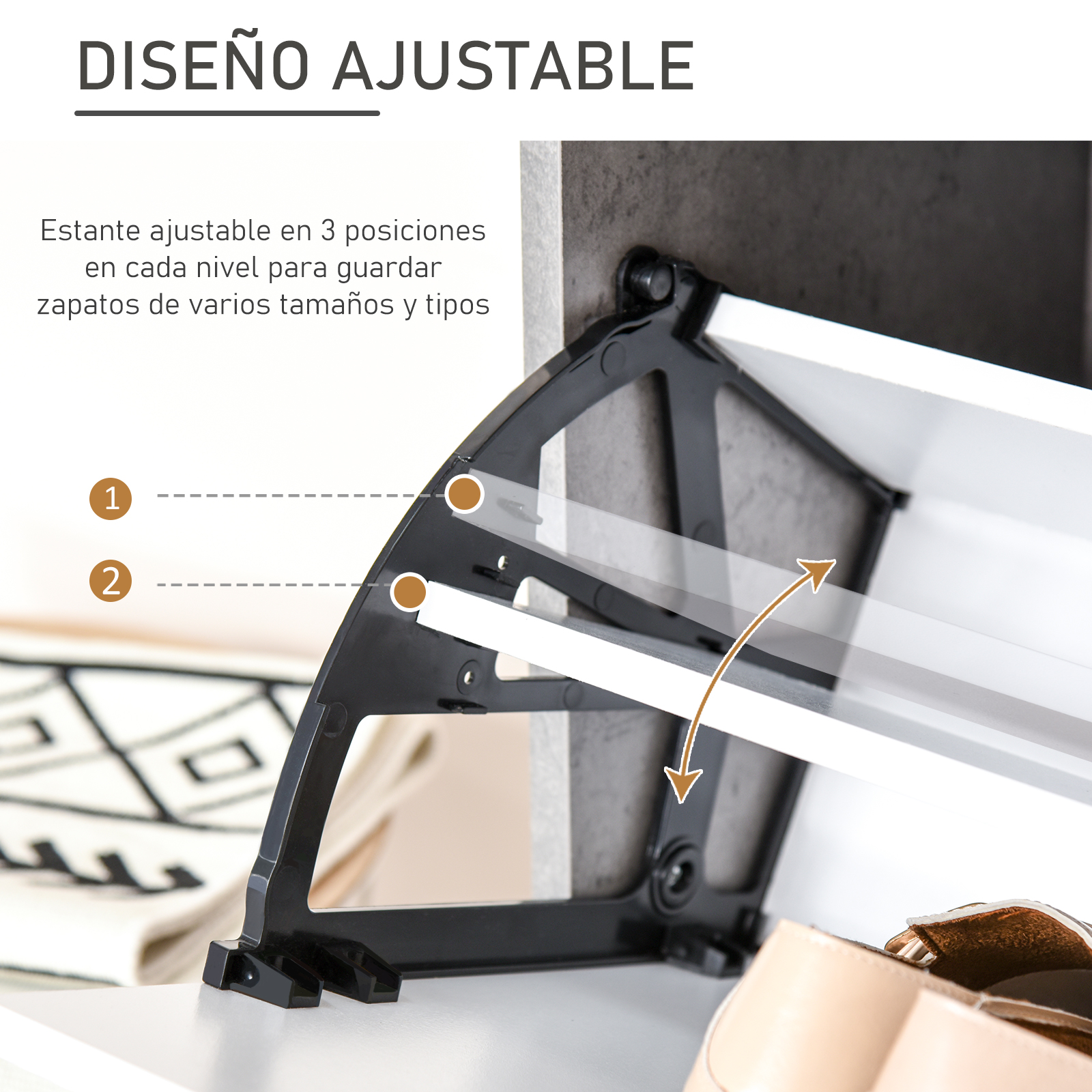 Zapatero ajustable de 3 niveles con mecanismo ajustable y flechas.