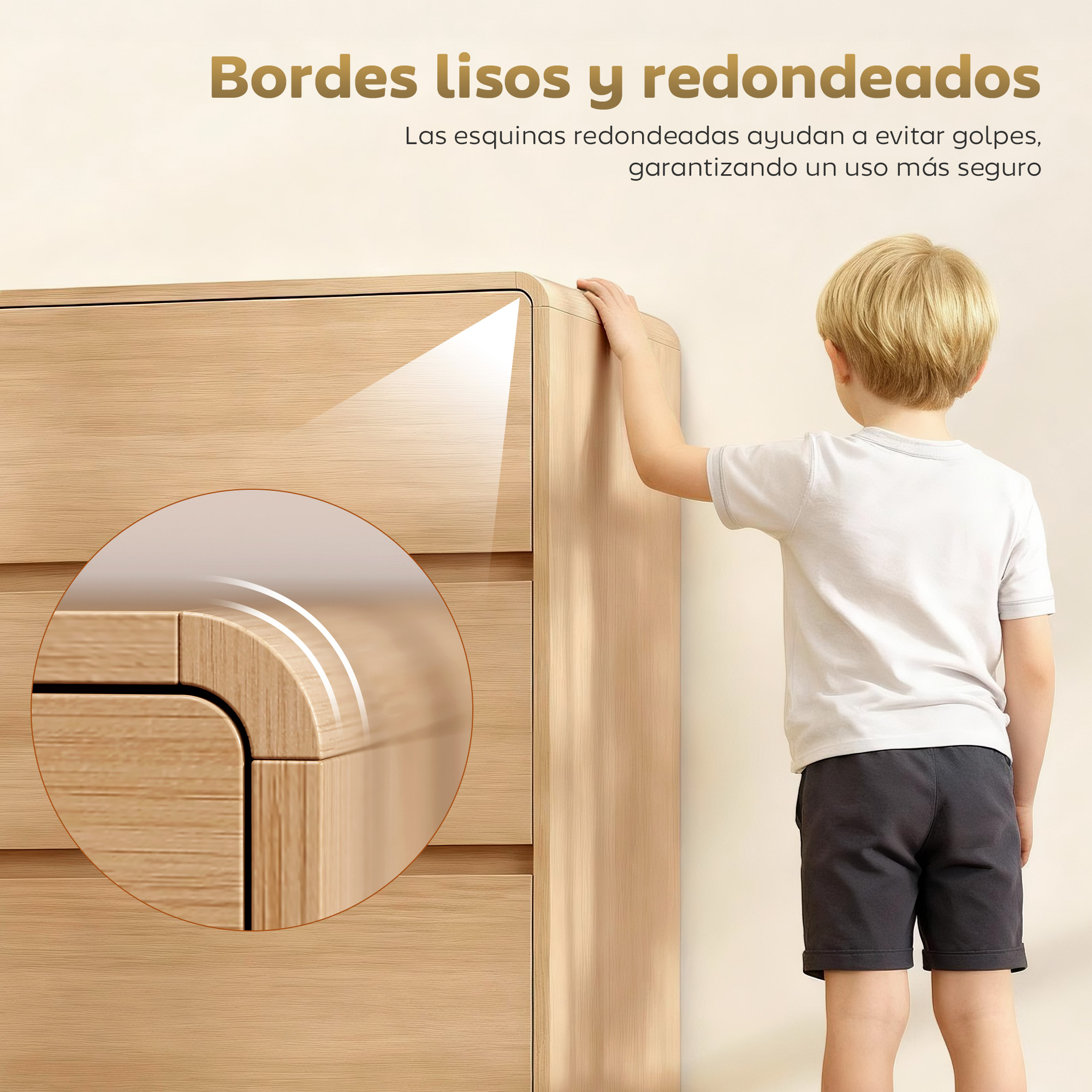 Un niño toca una cómoda de madera con esquinas redondeadas.