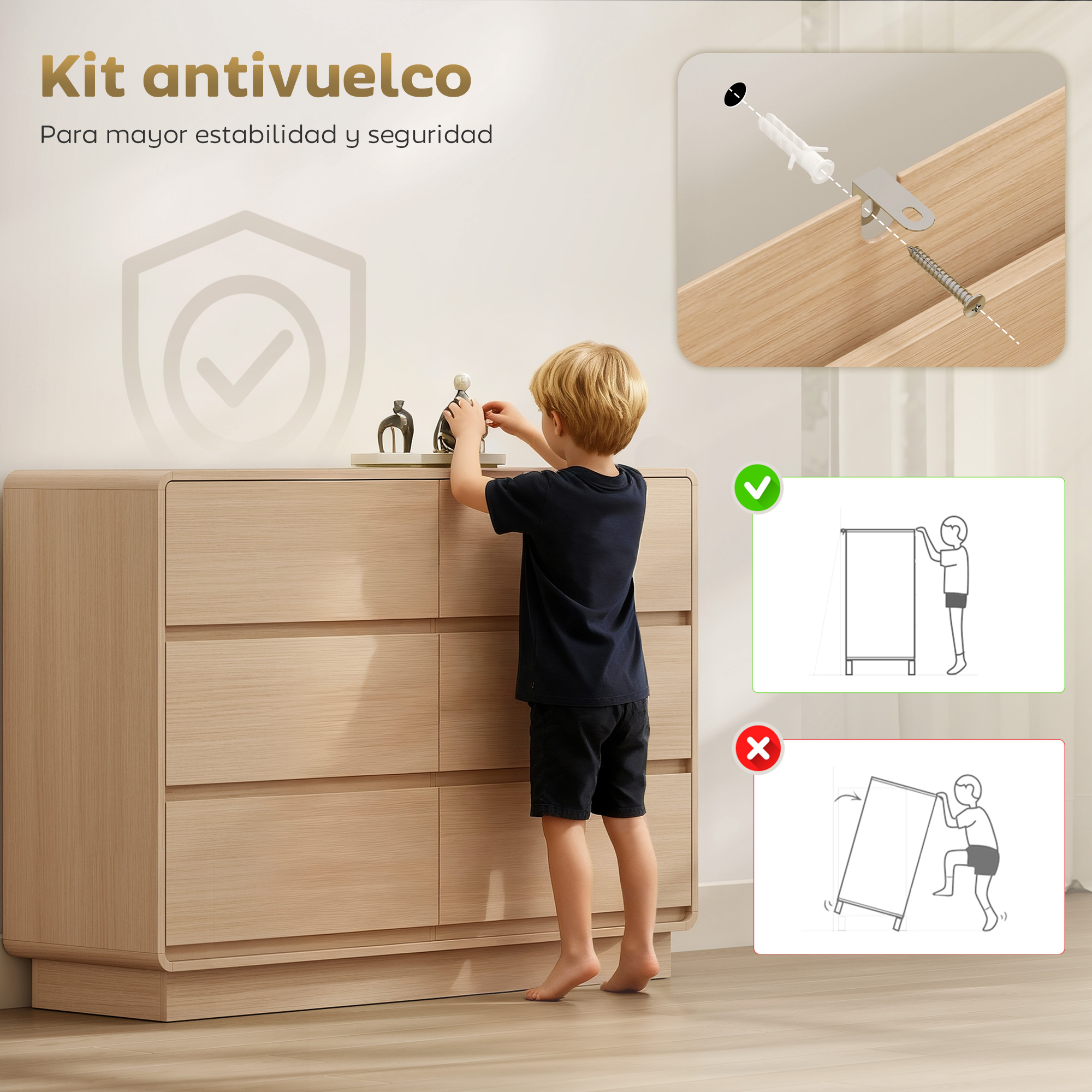 Un niño sujeta un kit antivuelco a un mueble de madera. Se muestran instrucciones.