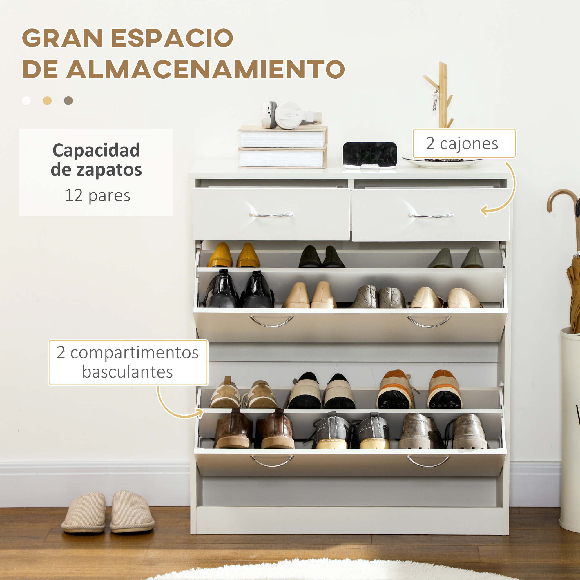 Un zapatero blanco con varios estantes llenos de zapatos. Libros y auriculares encima.