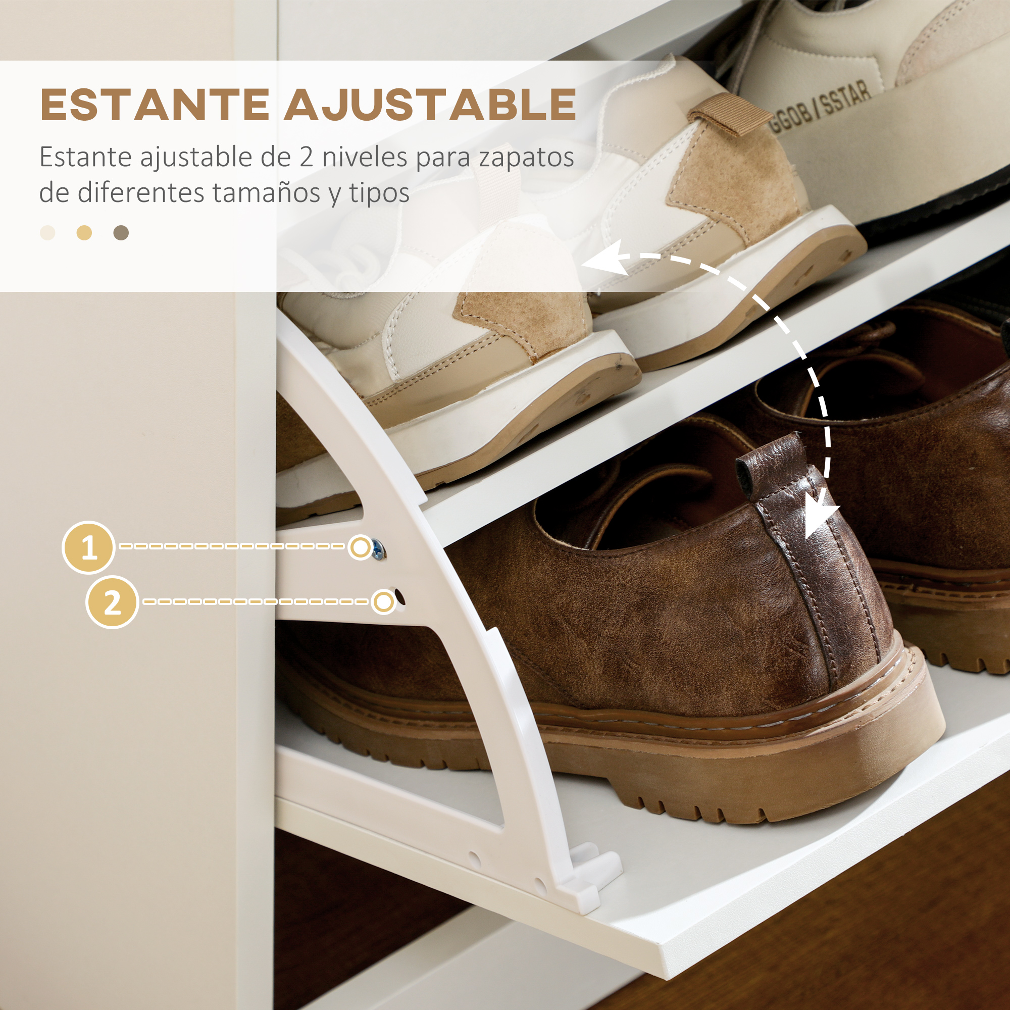 Un zapatero ajustable de 2 niveles con zapatos beige y marrones.