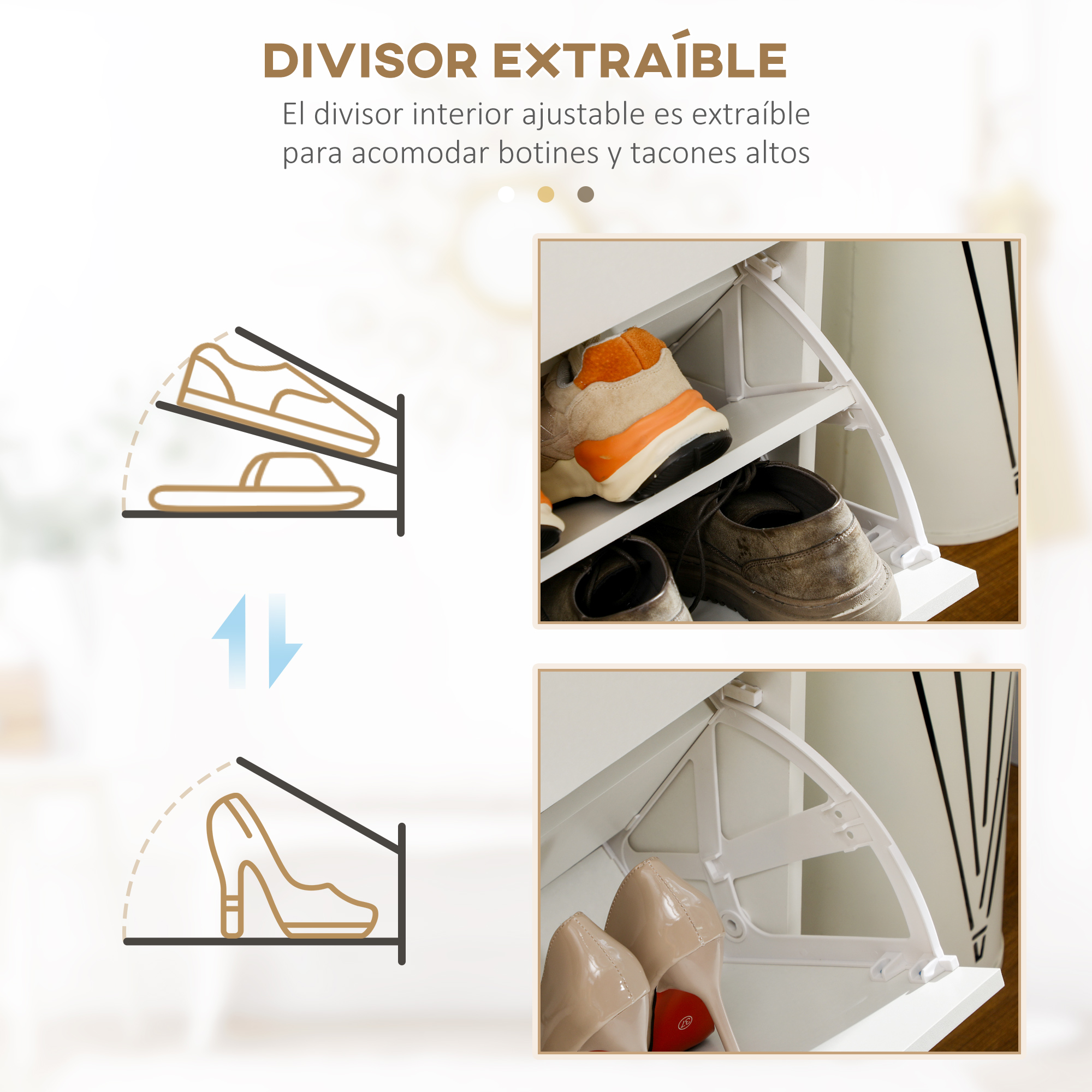 Zapatero con divisor extraíble, muestra zapatillas y tacones.
