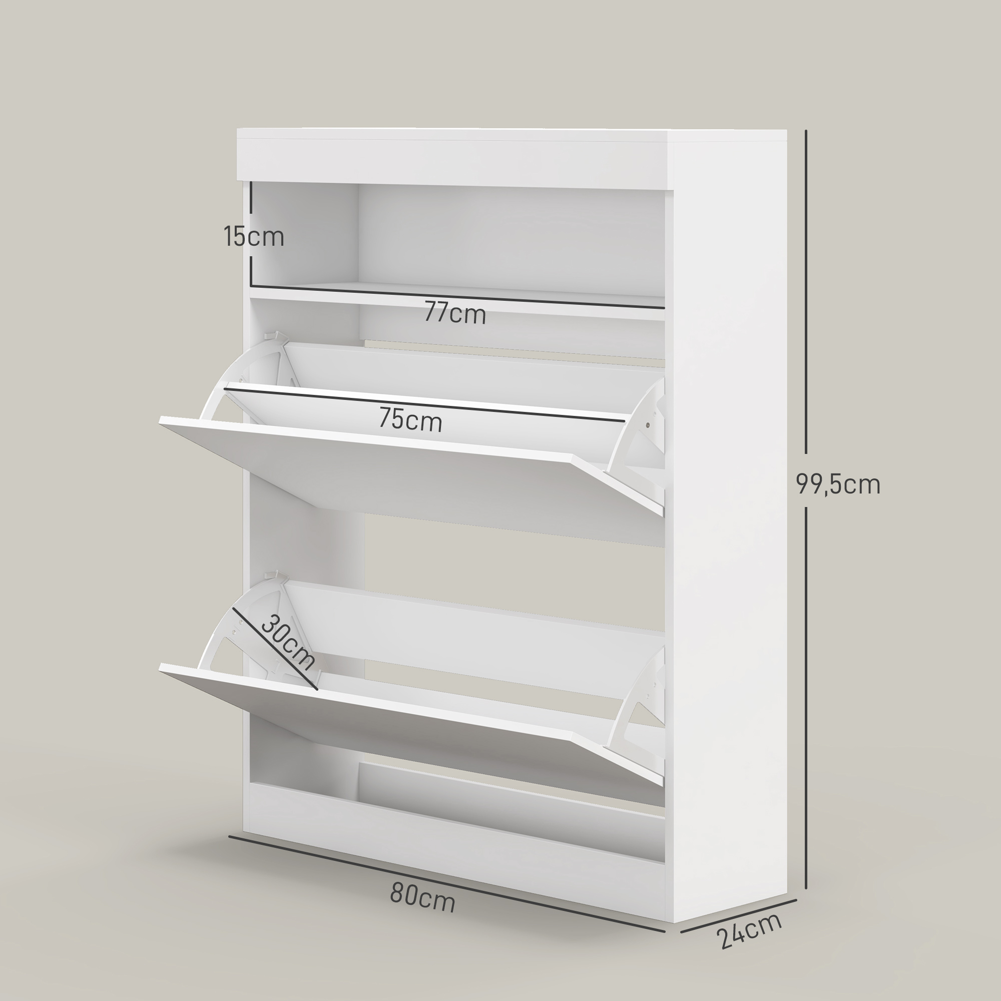 Un zapatero blanco con tres compartimentos abatibles. Se muestran las dimensiones.