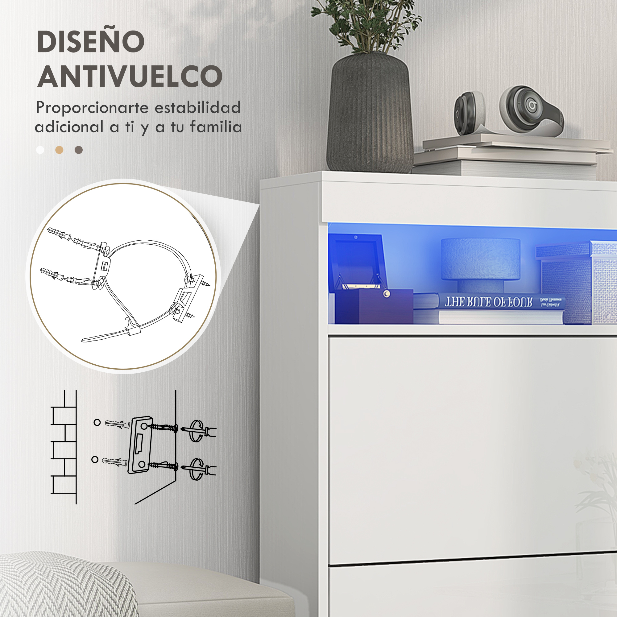 Diseño antivuelco: ilustraciones detalladas de herrajes de montaje en pared.
