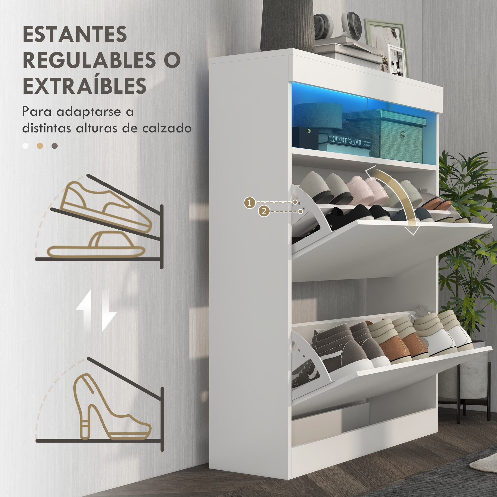 Zapatero blanco moderno con estantes abatibles, iluminado, mostrando varios zapatos.