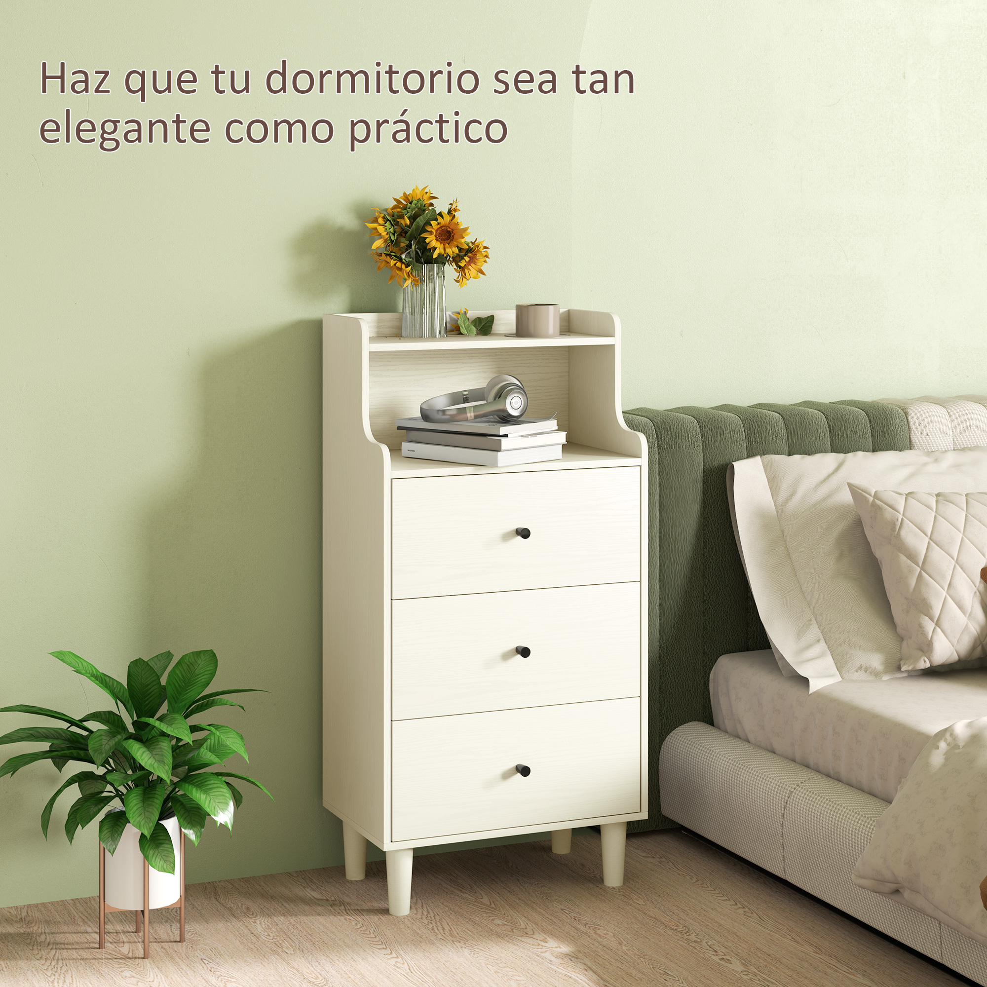 Una mesita de noche de madera clara con tres cajones junto a una cama.