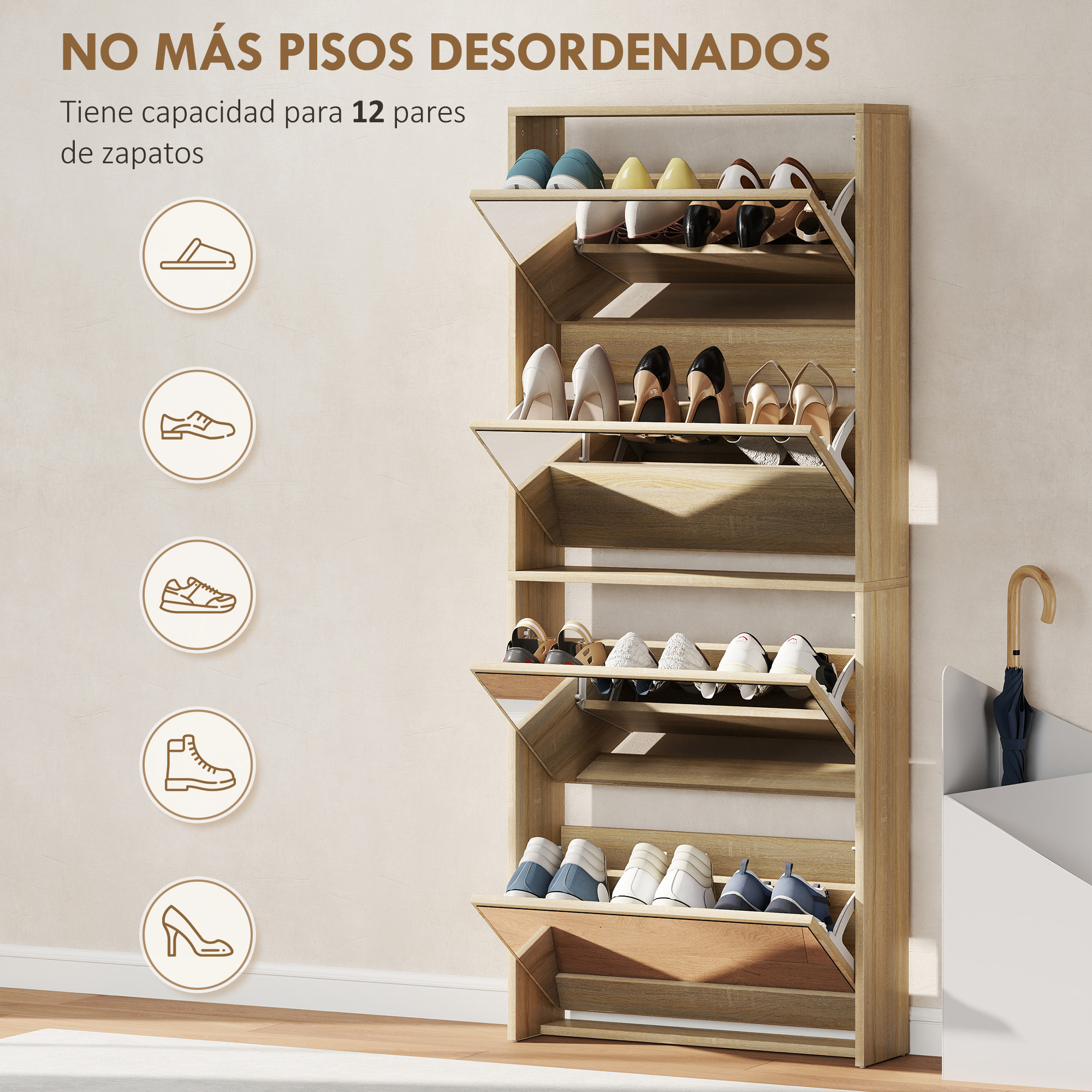 Un zapatero de madera con 12 compartimentos, lleno de varios zapatos.