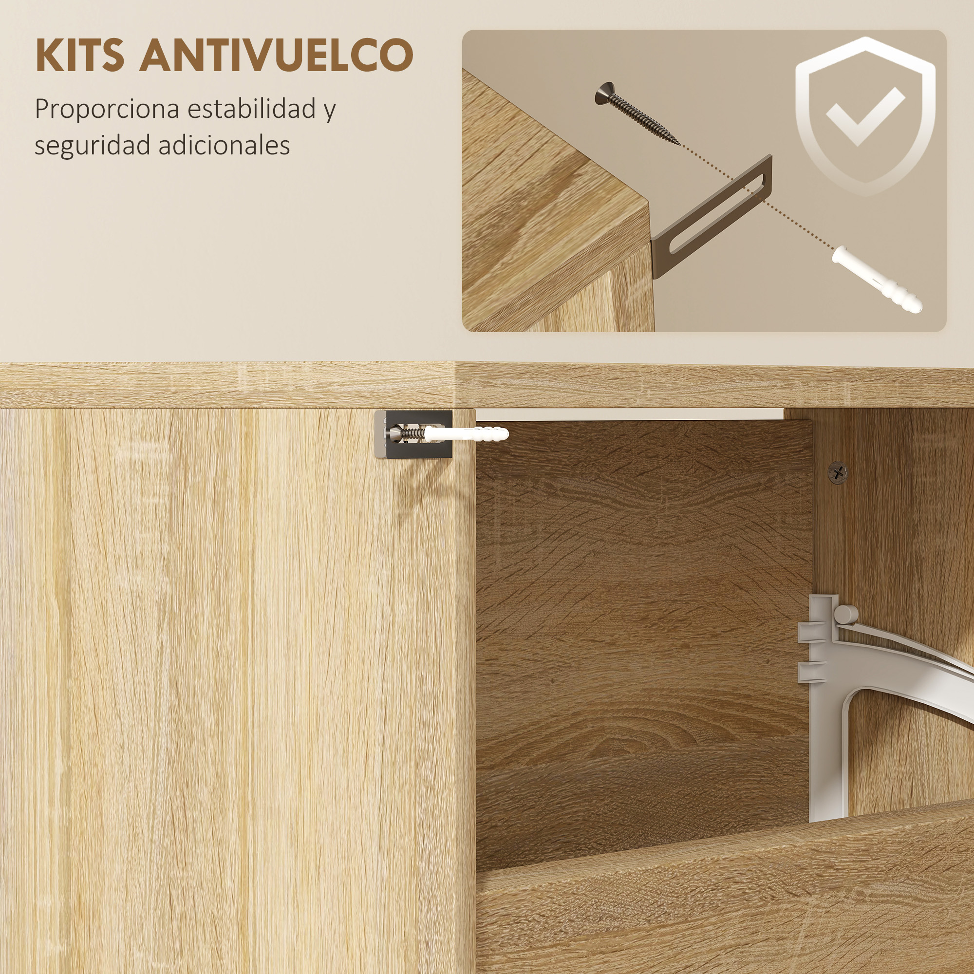 Kits antivuelco: tornillo, soporte, taco y icono de escudo
