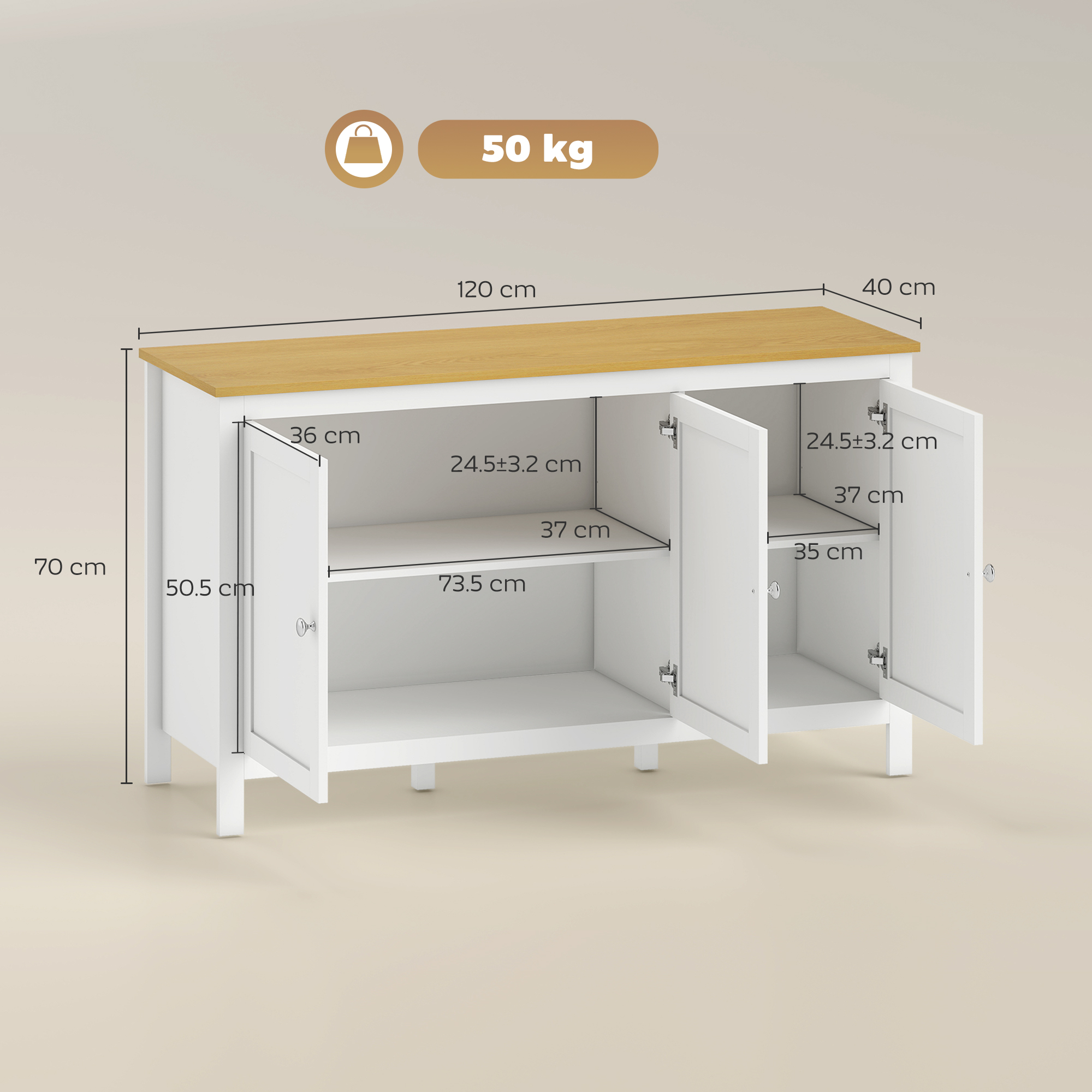 Gabinete blanco con tapa de madera, 120x40x70 cm. Puertas abiertas muestran estantes.