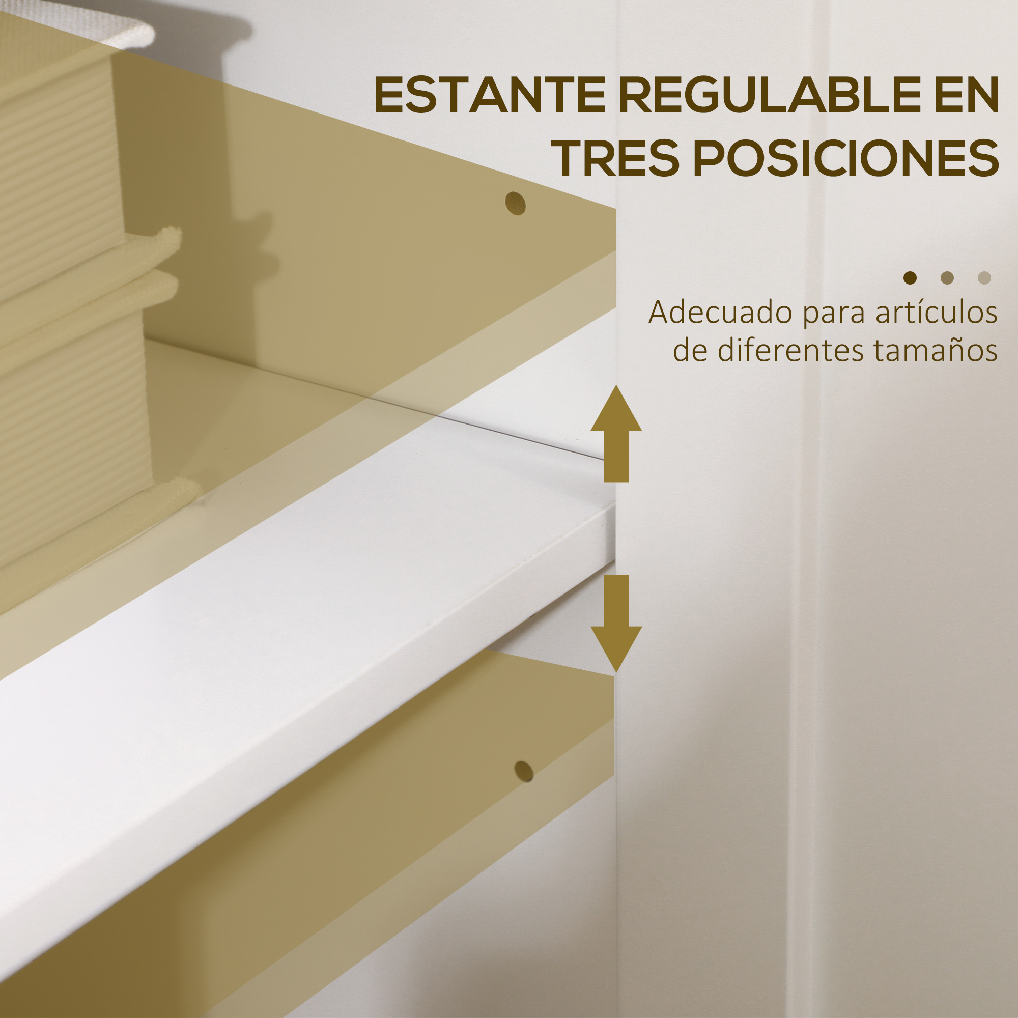 Estante regulable en tres posiciones, apto para artículos de diferentes tamaños.