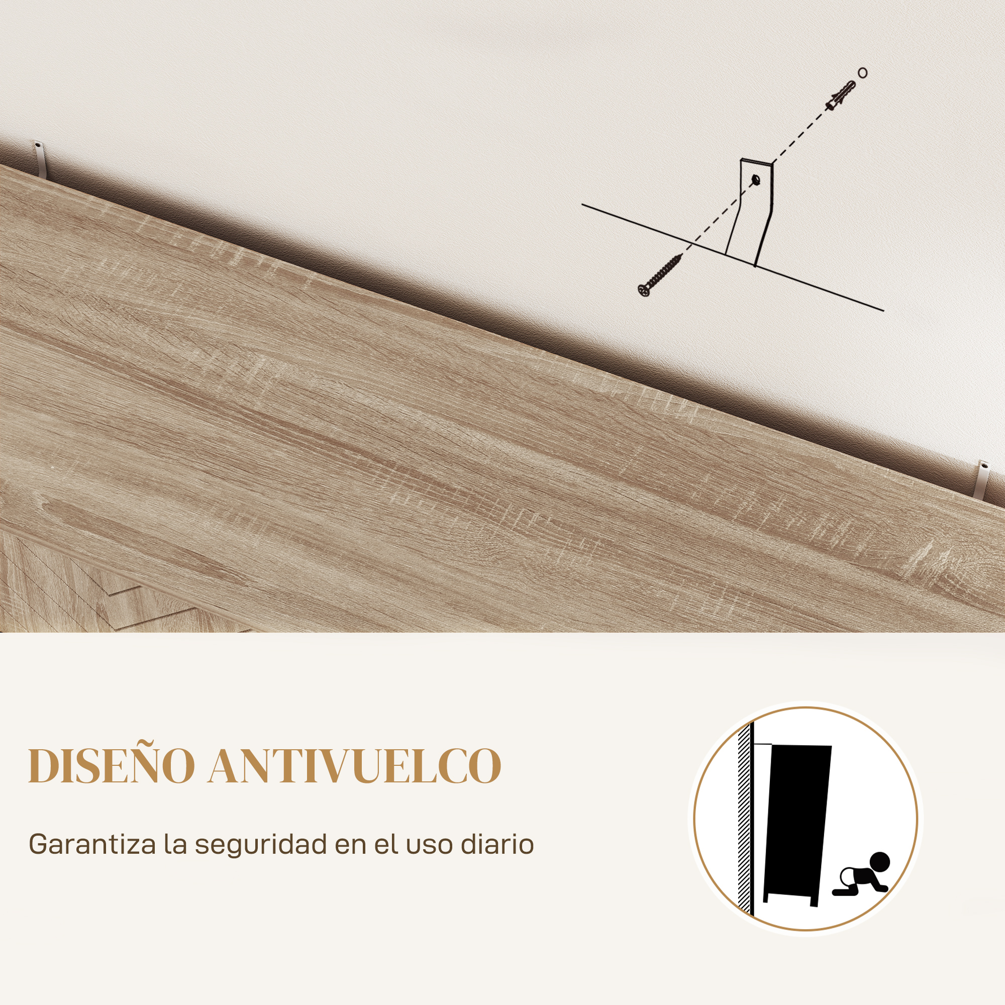 Diseño antivuelco: Garantiza seguridad diaria. Un niño se acerca a un mueble que se vuelca.