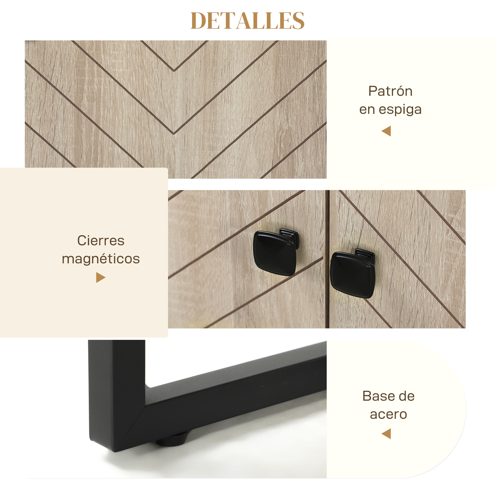 Gabinete de madera con patrón de espiga, tiradores negros y patas.