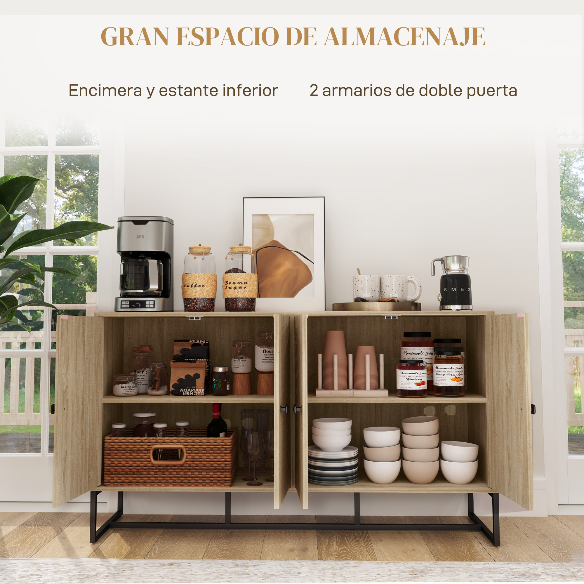 Un mueble de madera clara con dos puertas, lleno de frascos, tazas y una cafetera.