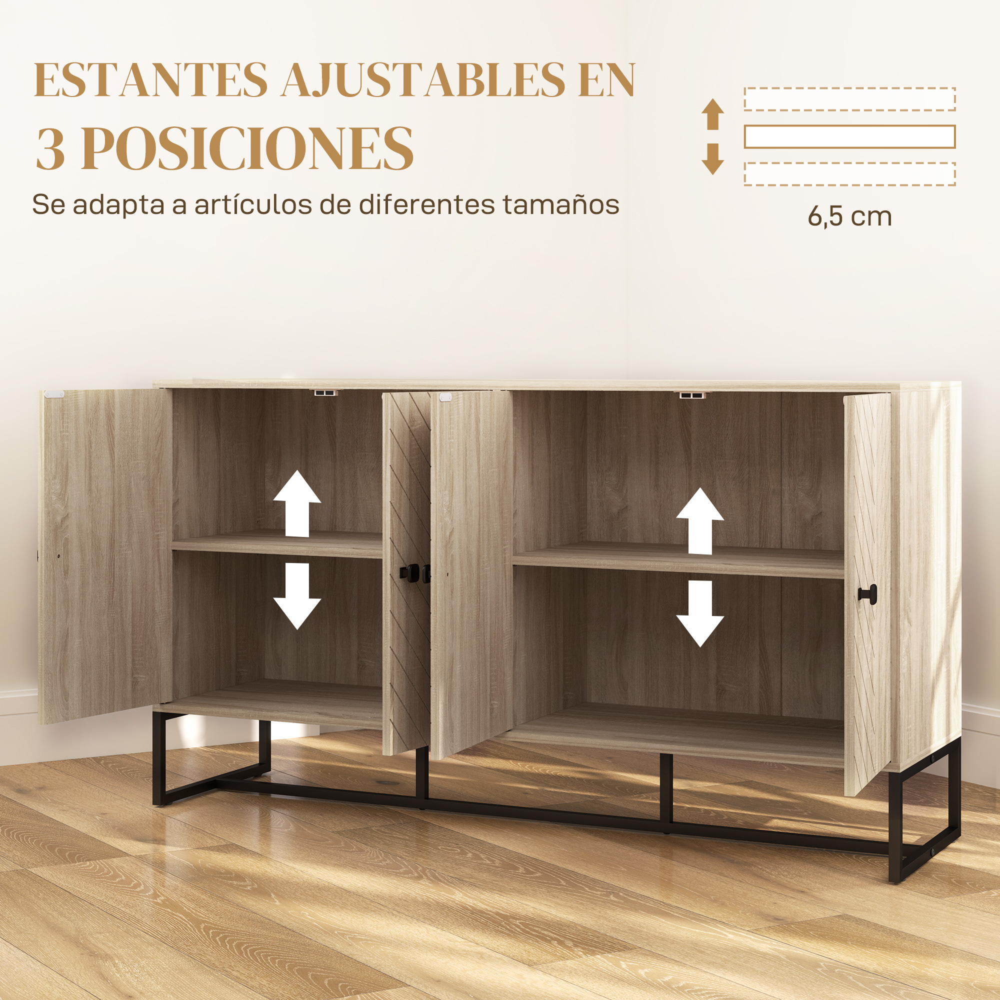 Un mueble de madera clara con patas negras, con estantes ajustables.