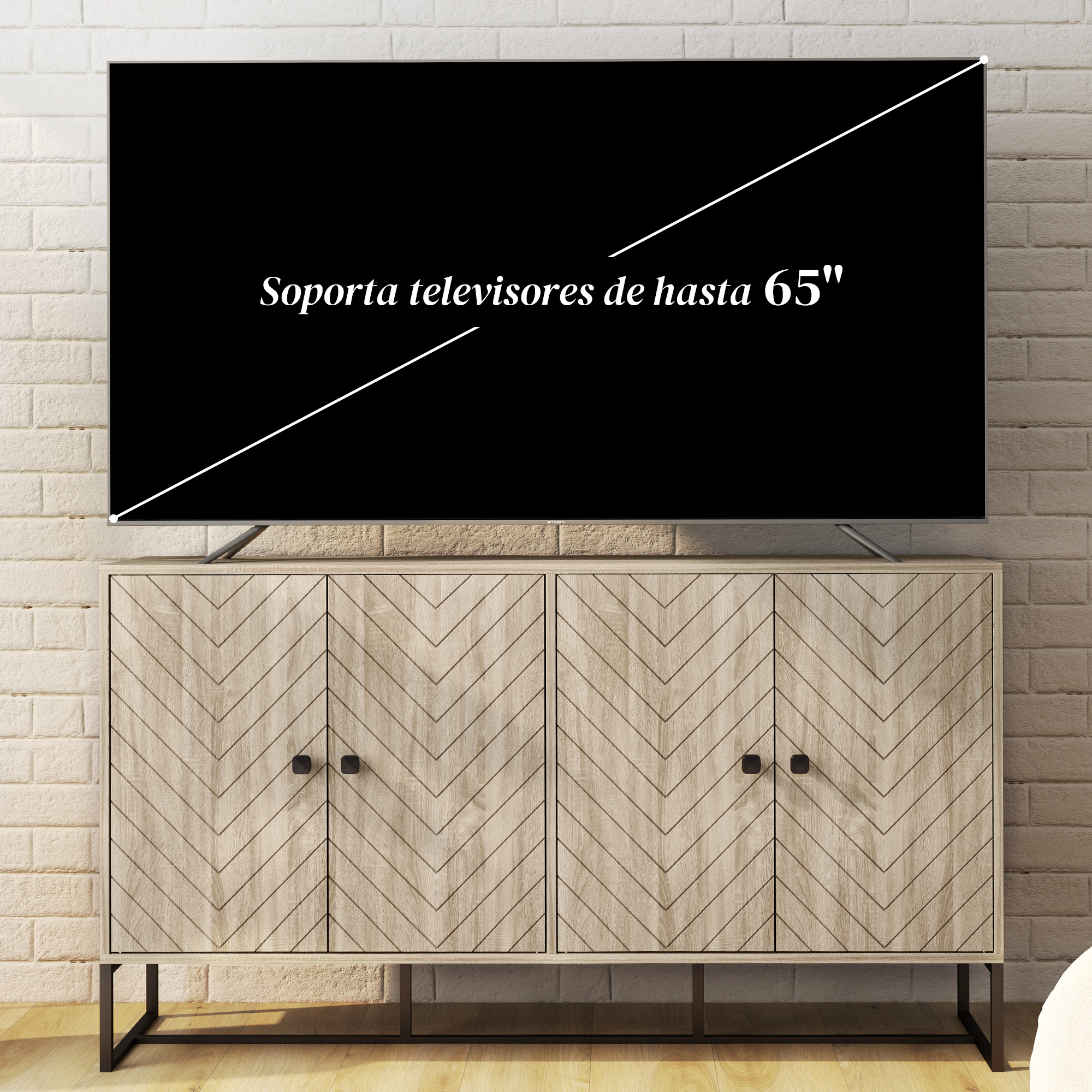 Un mueble moderno de madera con dos puertas, un gran televisor negro encima.