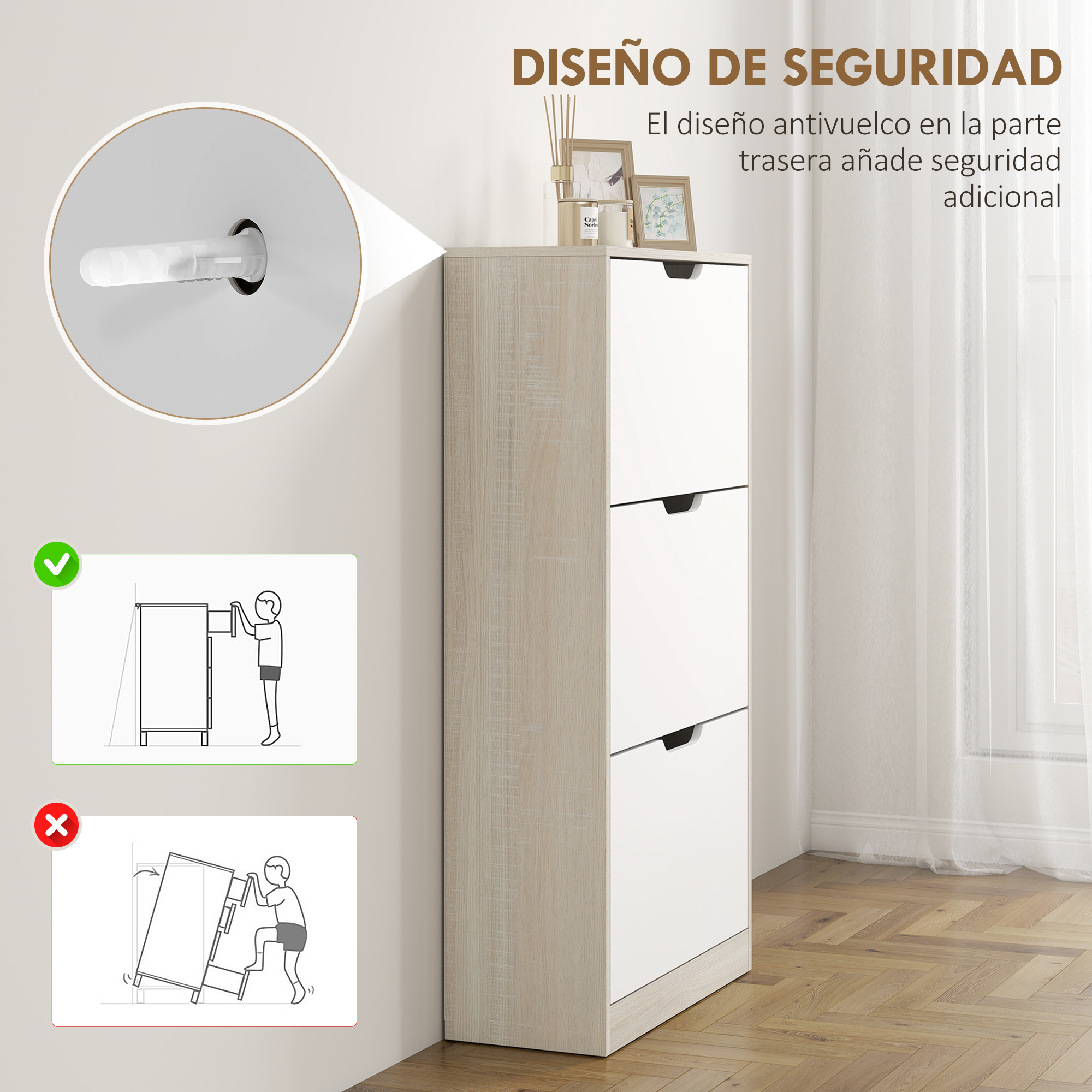 Un zapatero blanco con detalles de madera, advertencias de seguridad e instrucciones.