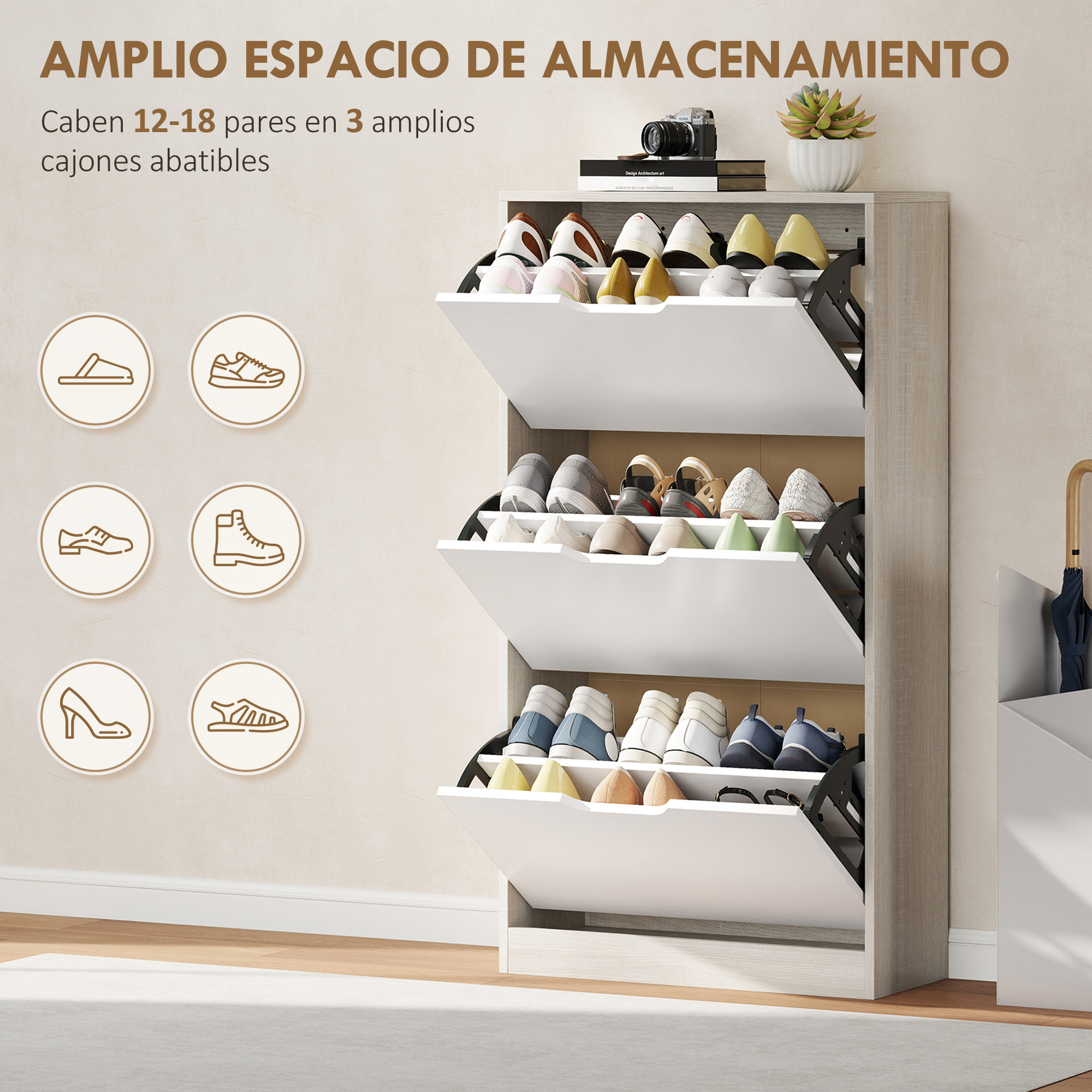 Un zapatero de madera clara con tres cajones abatibles blancos, cada uno lleno de varios zapatos, junto a iconos de zapatos.