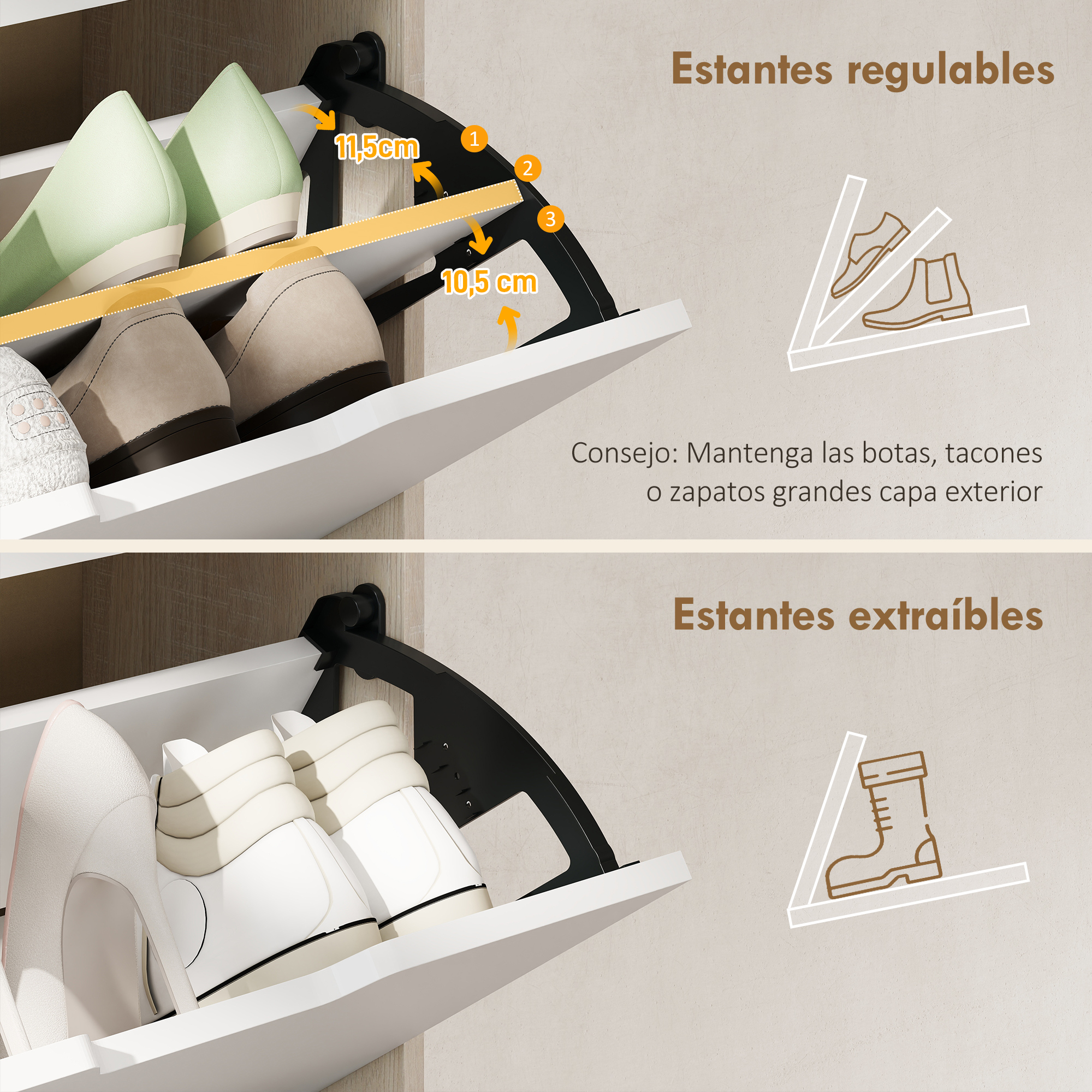 Estantes regulables muestran zapatos y medidas de 11,5cm y 10,5cm.