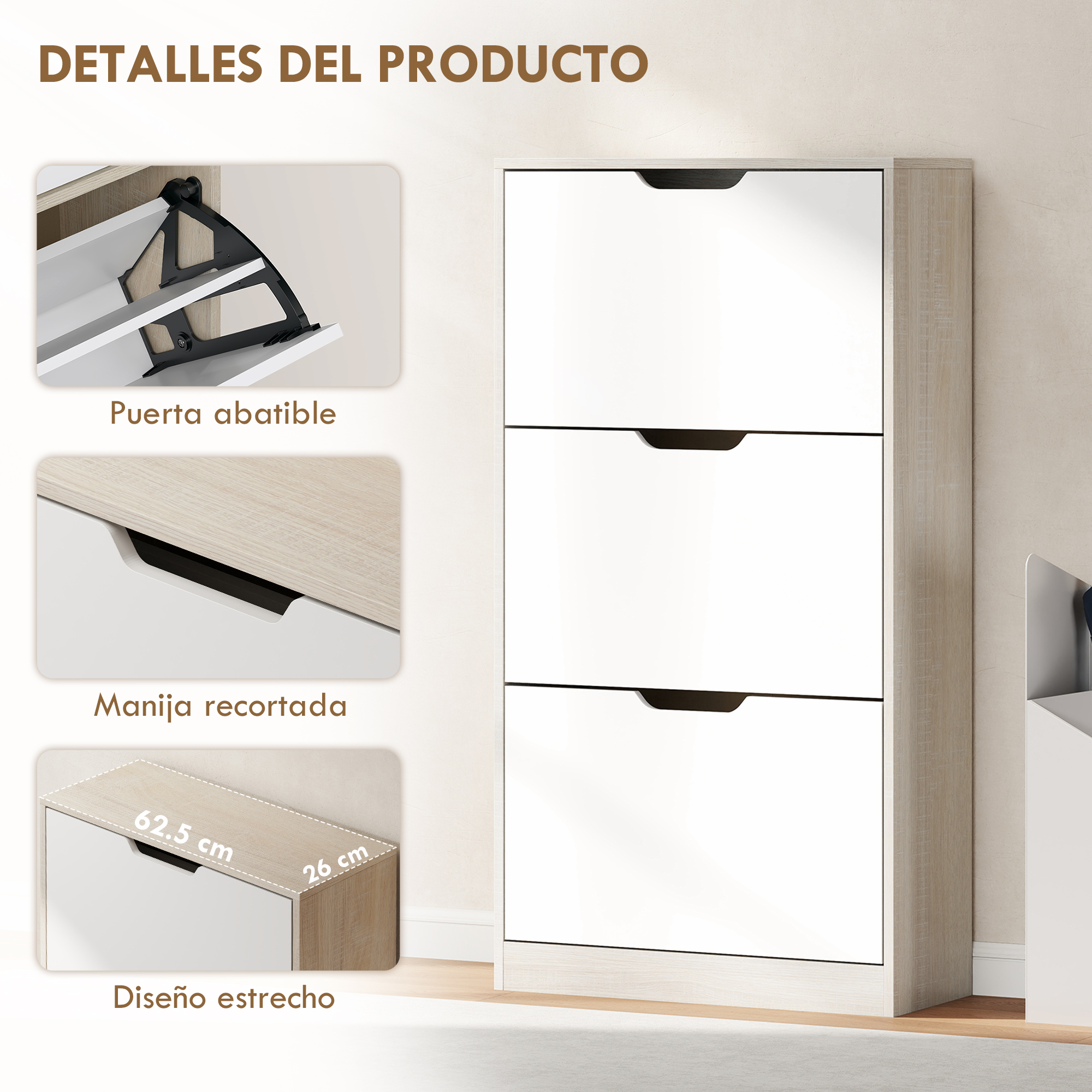 Zapatero blanco de tres puertas abatibles y marco de madera. Primeros planos muestran mecanismo, tirador y medidas.