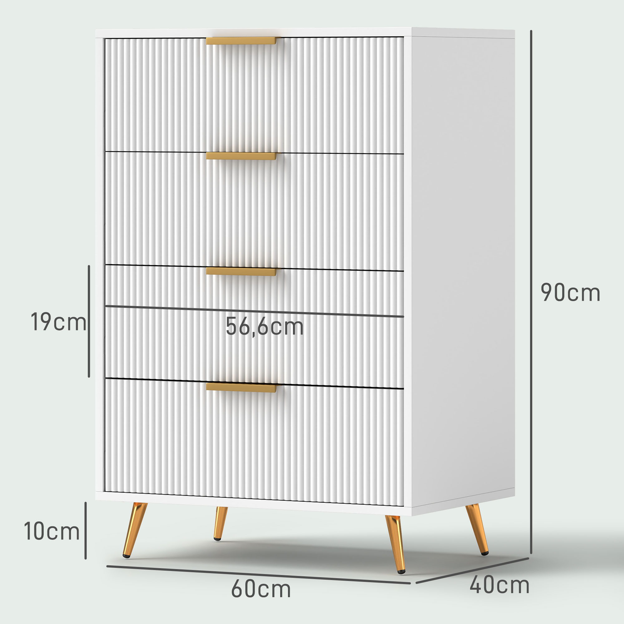 Una cómoda blanca con cuatro cajones texturizados, tiradores dorados y patas doradas, con las dimensiones mostradas.
