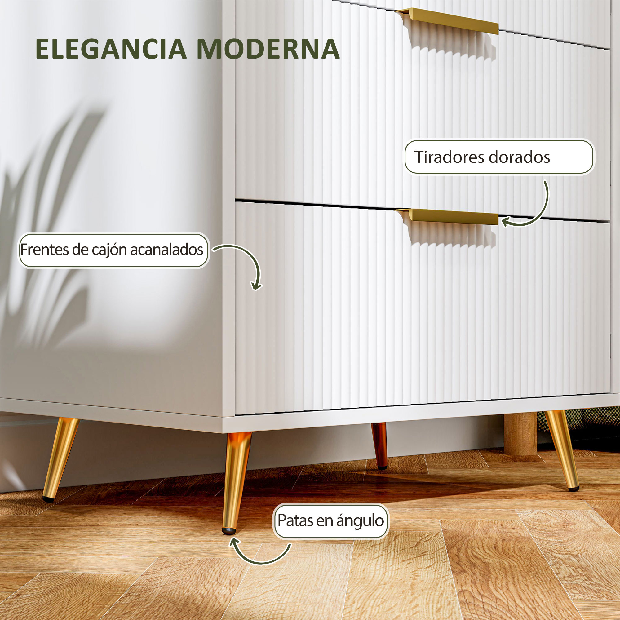 Cómoda blanca con frentes de cajón estriados, tiradores dorados y patas anguladas.