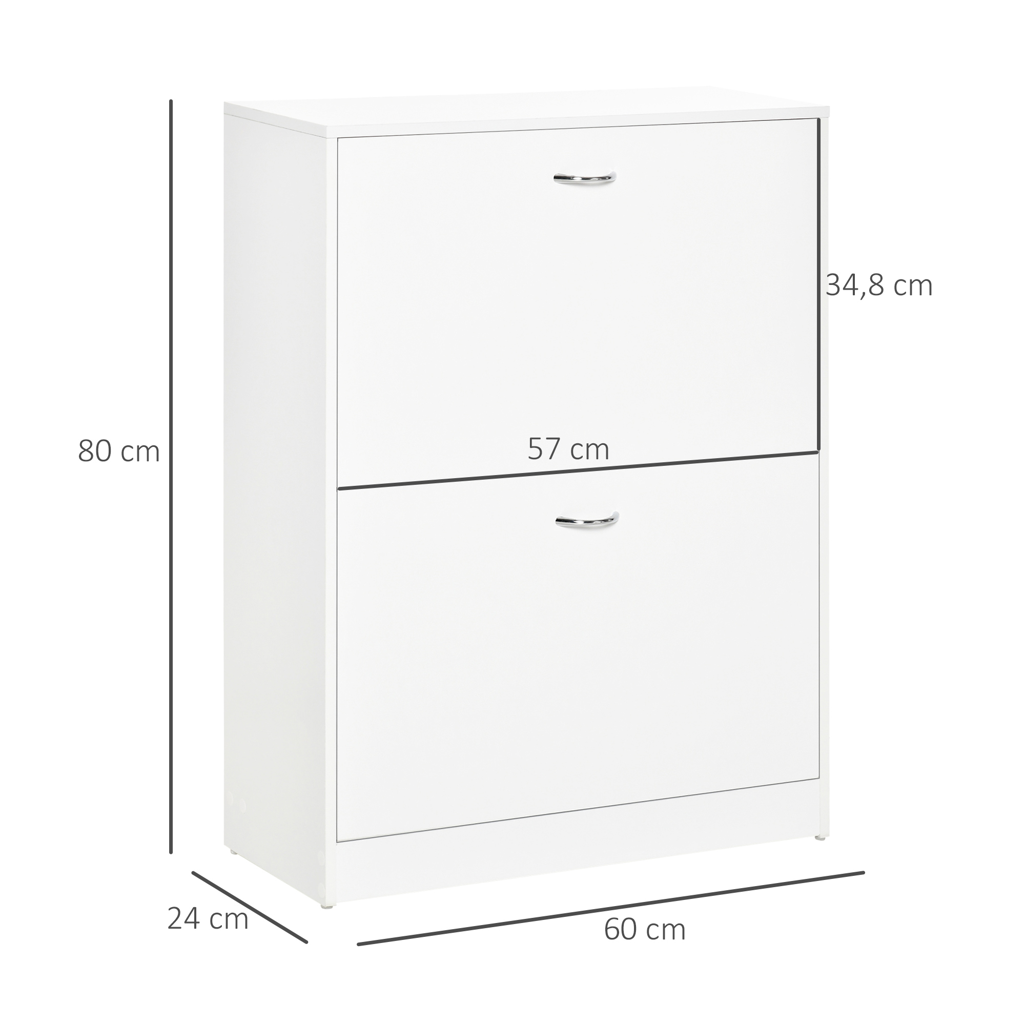 Un zapatero blanco con dos puertas abatibles y tiradores plateados.