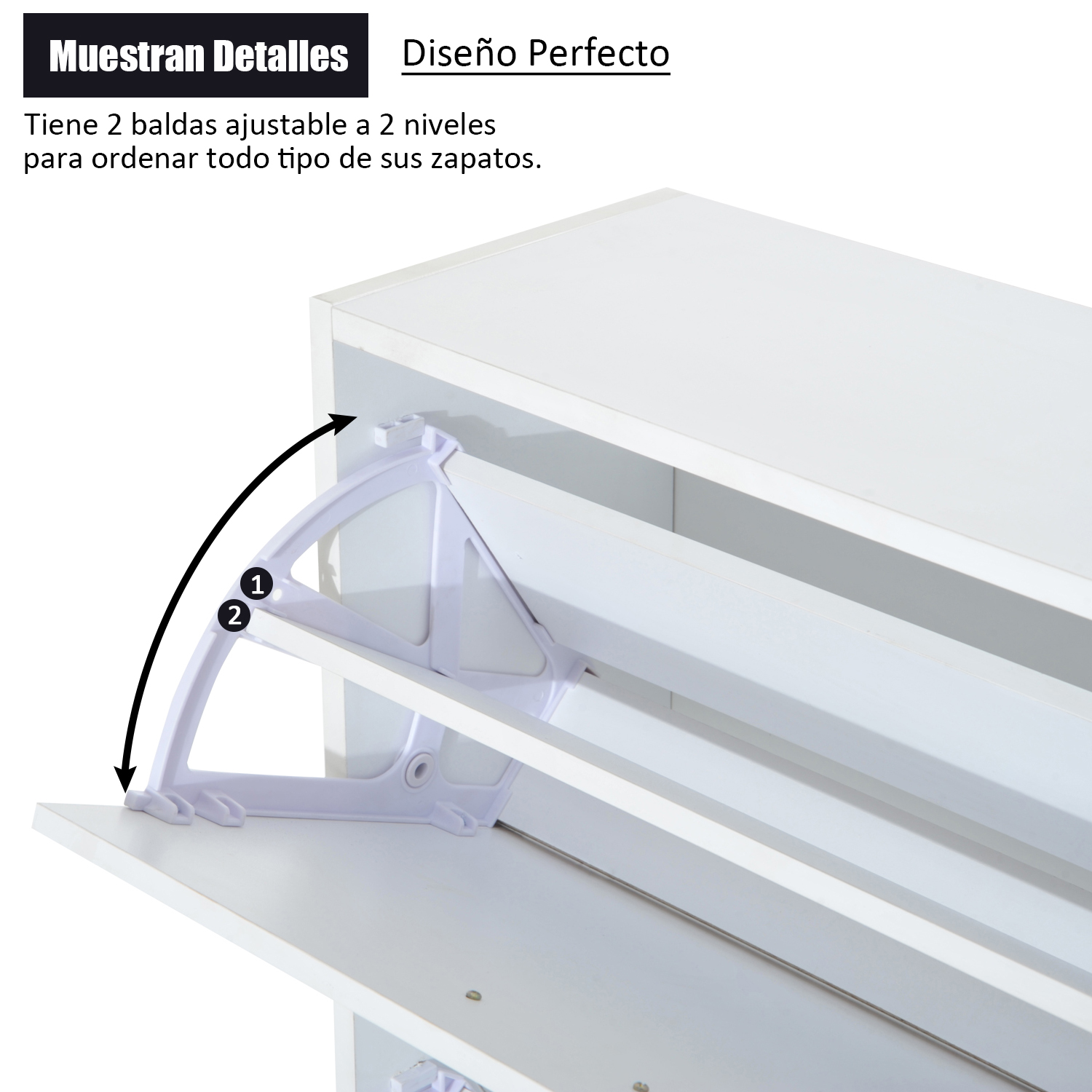 Zapatero blanco con dos baldas ajustables y detalle de flecha.