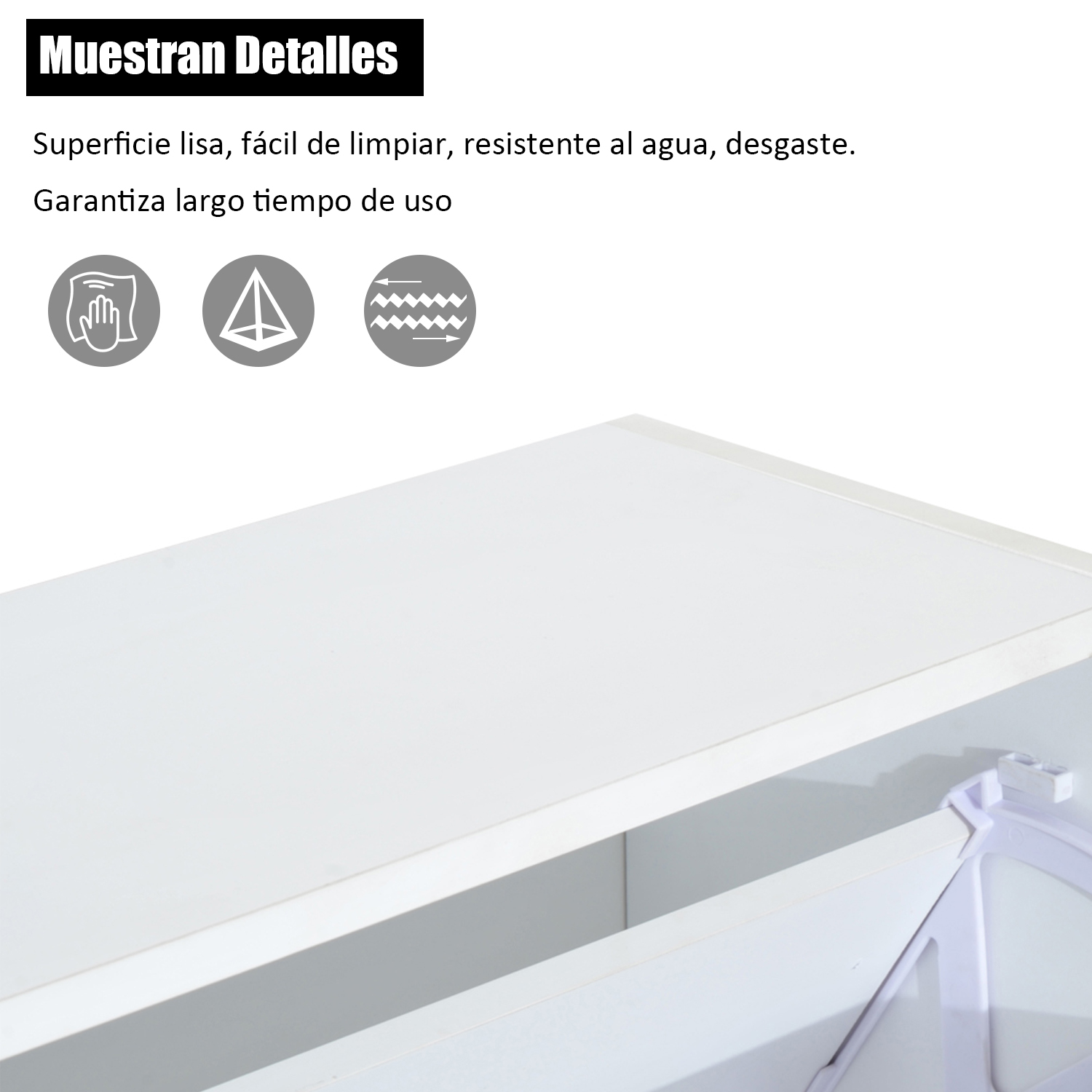 Superficie blanca con iconos de fácil limpieza, resistencia al agua y durabilidad.