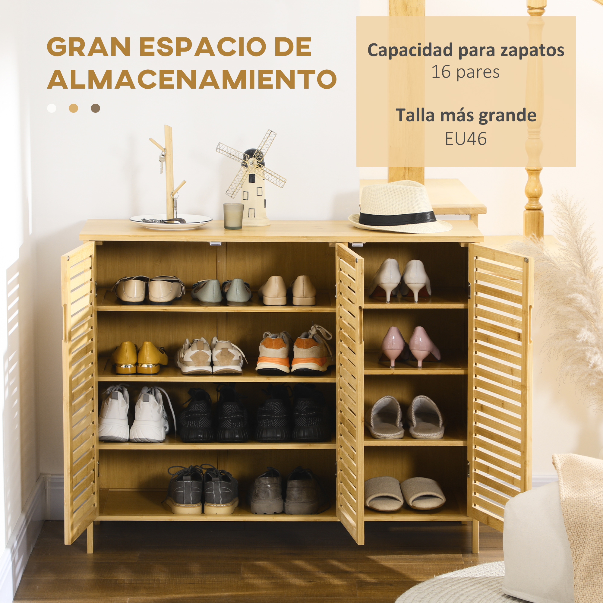 Un zapatero de madera abierto con muchos estantes, lleno de zapatos y zapatillas.