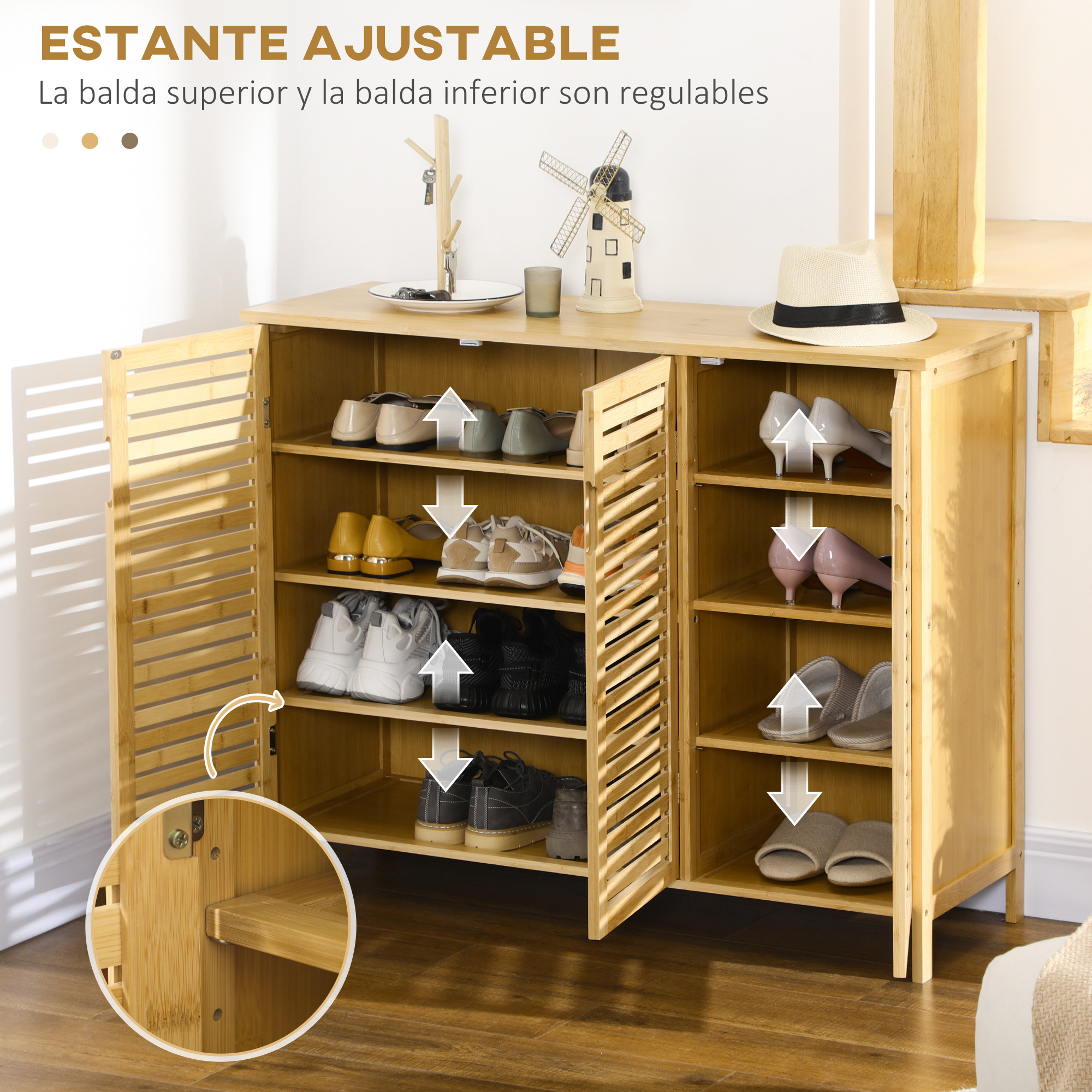 Un zapatero de bambú con puertas de persiana abiertas que muestran varios pares de zapatos y estantes ajustables resaltados con flechas.