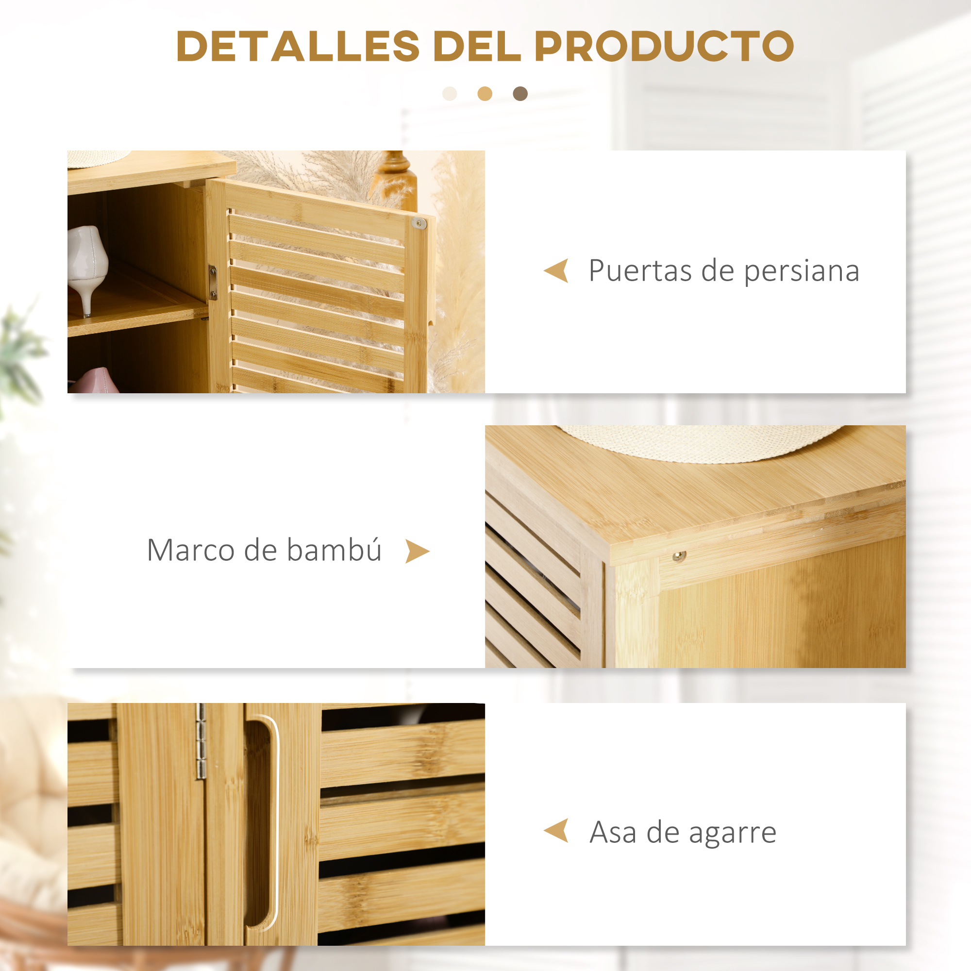 Muebles de bambú con puertas de persiana y tiradores, y un zapato.