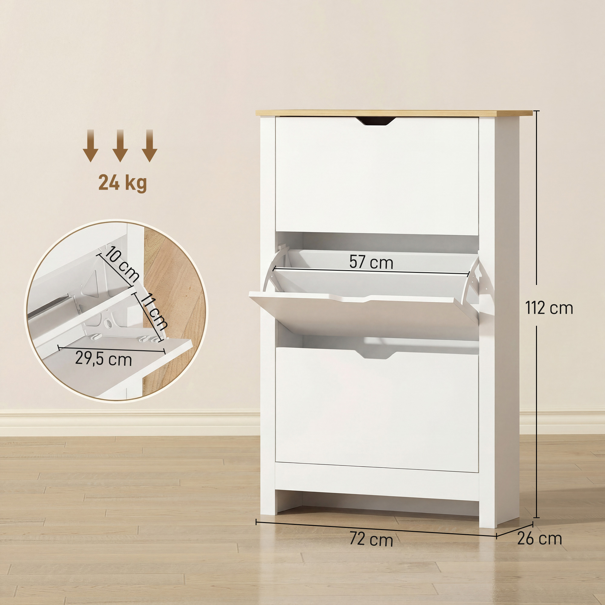 Un zapatero blanco con tapa de madera. Se muestran las dimensiones.