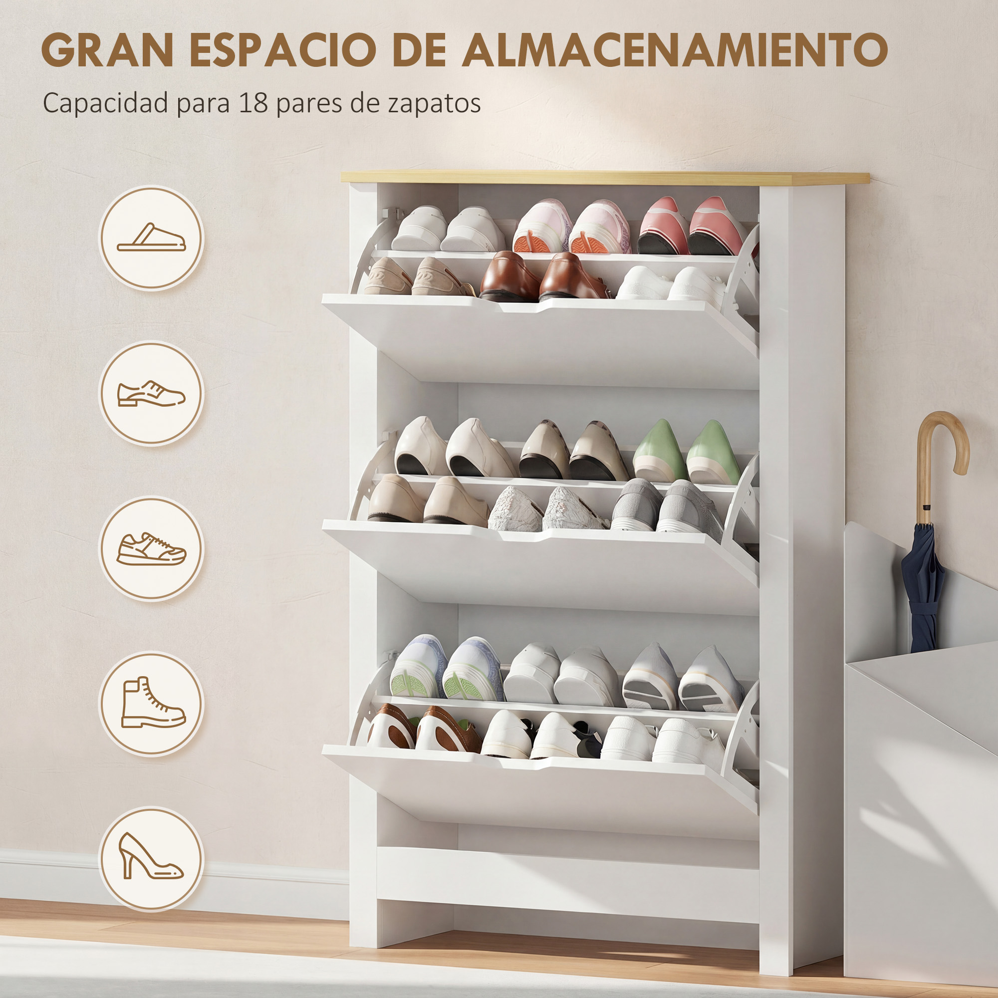 Un zapatero blanco con cajones abatibles, lleno de varios zapatos.