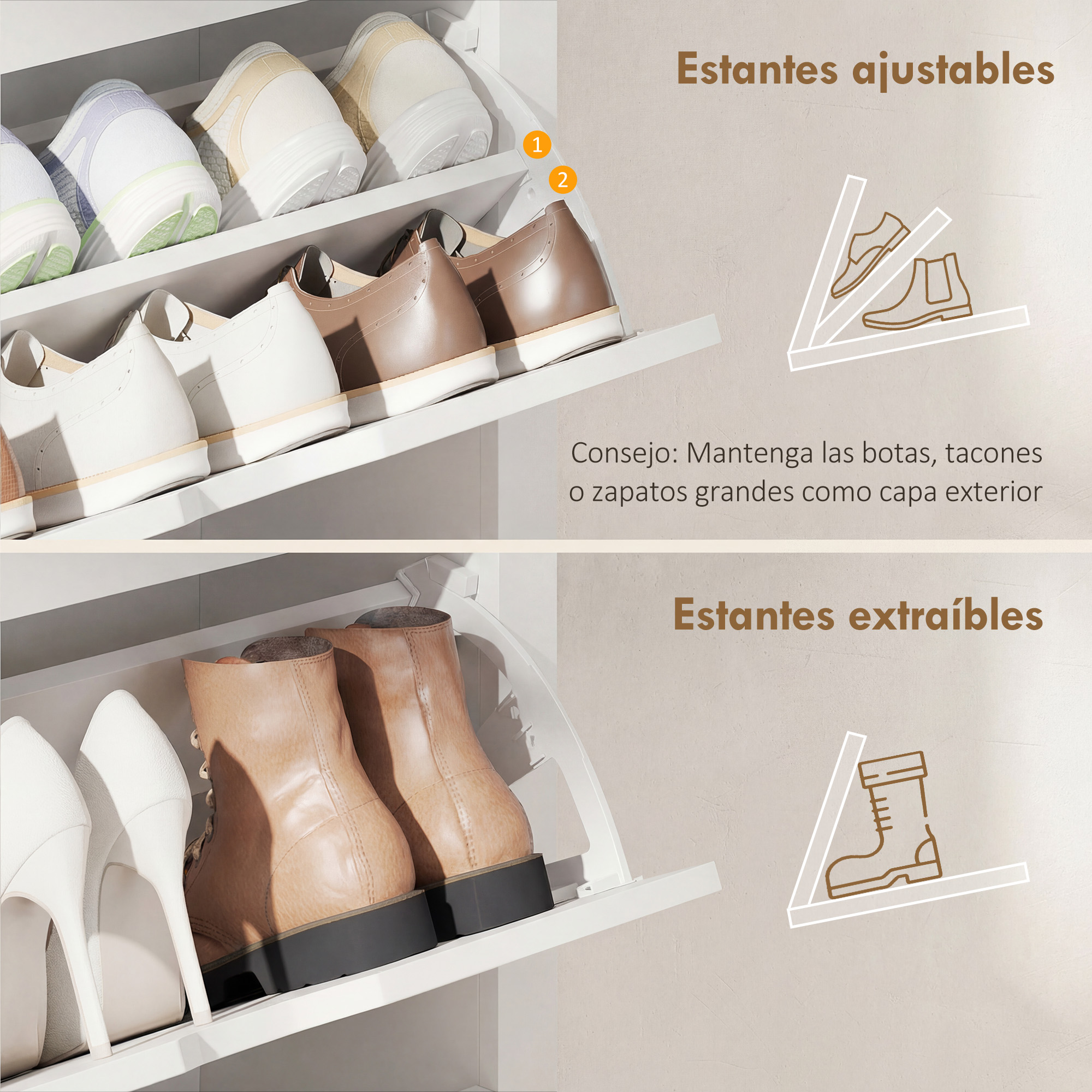 Zapatero con varios zapatos, estantes ajustables y extraíbles.