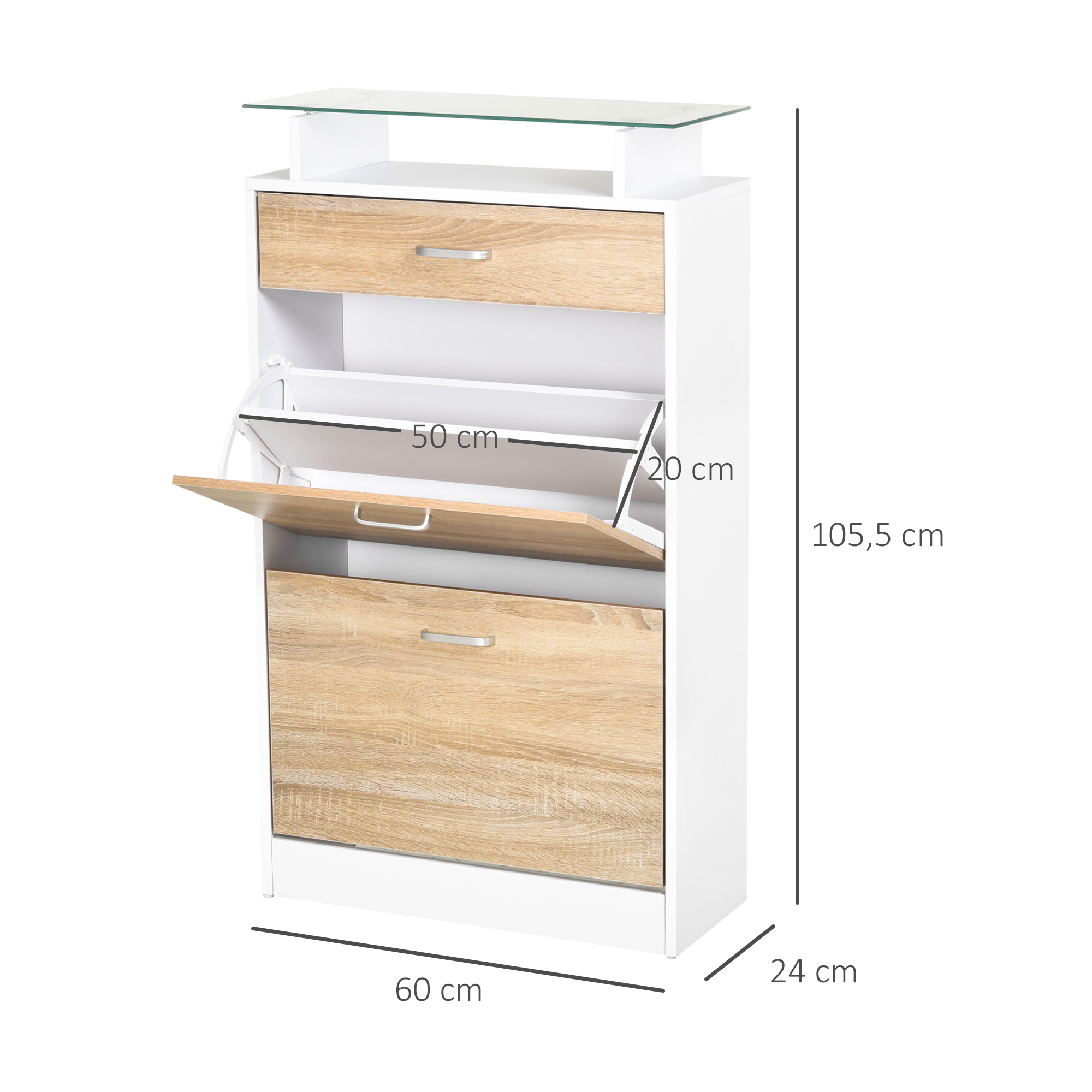 Zapatero blanco con frentes efecto madera y tapa de cristal. Dimensiones: 105,5x60x24cm.