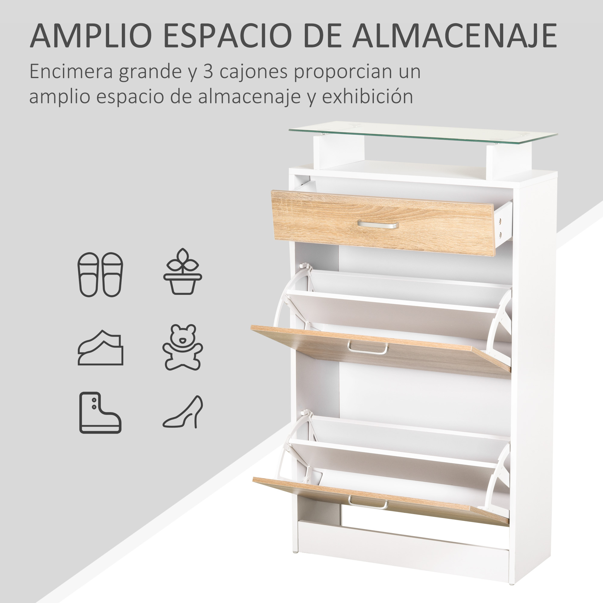 Un zapatero blanco y de grano de madera con tapa de cristal, un cajón y dos compartimentos inclinables, sobre fondo blanco.