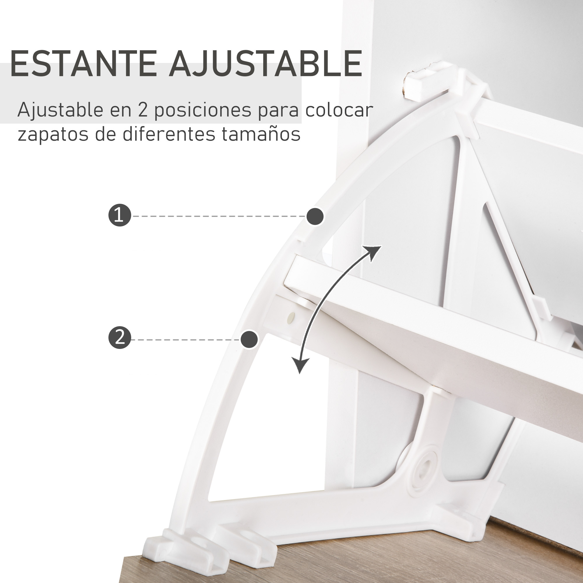 Estante ajustable con flechas que indican ajuste en dos posiciones.