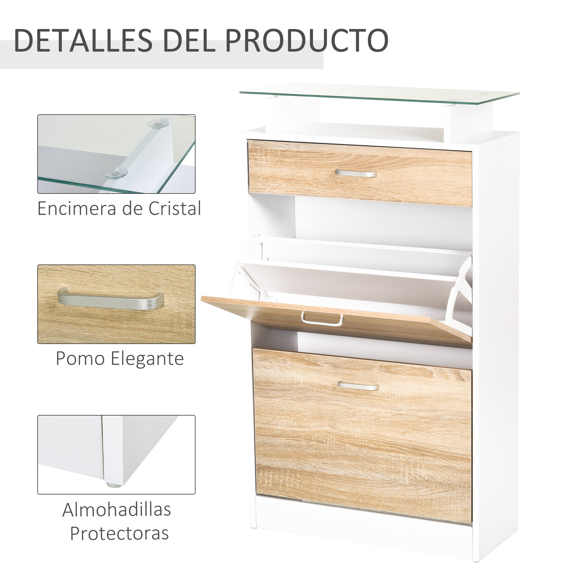 Zapatero blanco con cajones de madera y tapa de cristal.