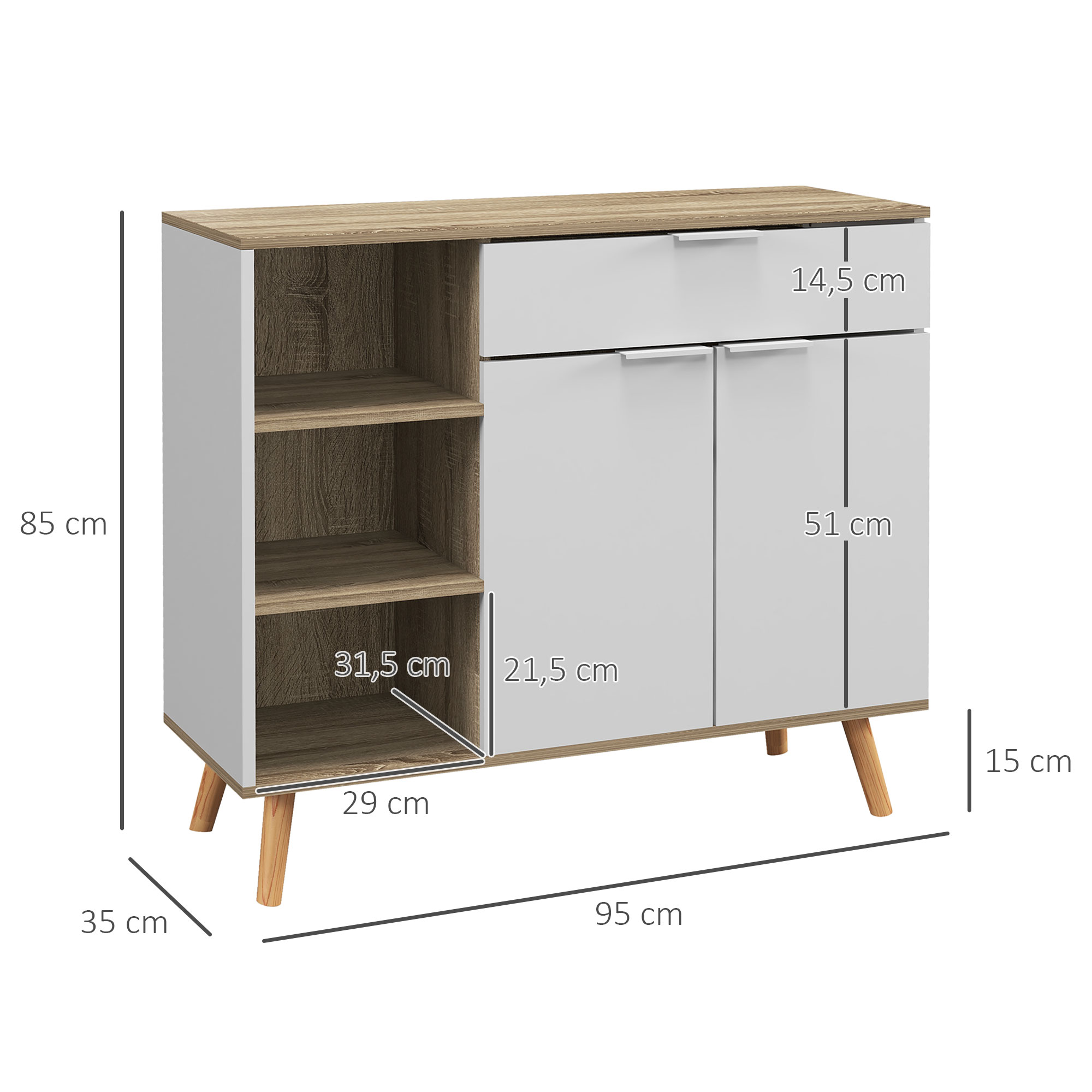 Mueble blanco con detalles de madera, tres estantes y dos puertas.