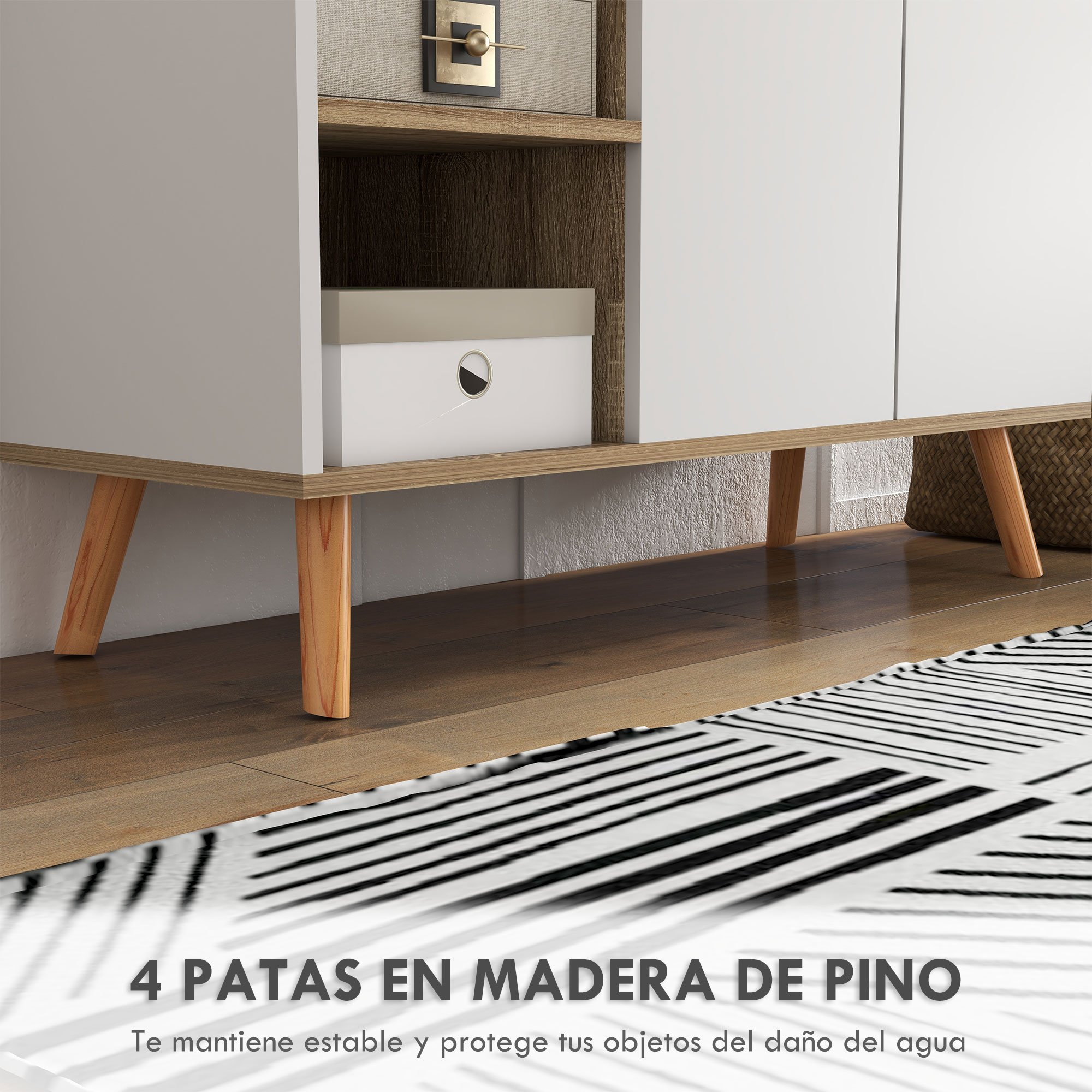 Un aparador blanco con patas de madera y una alfombra estampada negra.